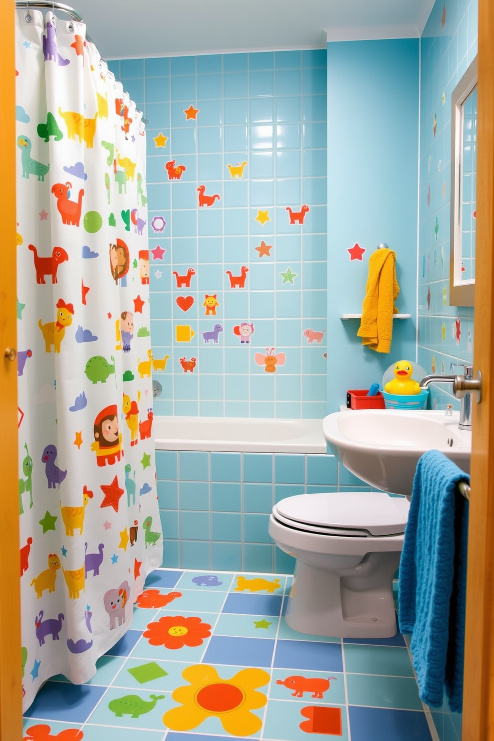 Brightly colored storage bins are neatly arranged on open shelves, adding a playful touch to the kids bathroom. The walls are adorned with fun, whimsical patterns, and the floor is covered in a soft, non-slip rug for safety.