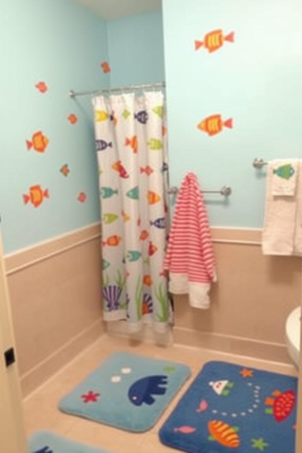 A vibrant kids bathroom features bright colored tiles in playful patterns that create an inviting atmosphere. The walls are adorned with whimsical decals, and a fun shower curtain complements the cheerful tile design.