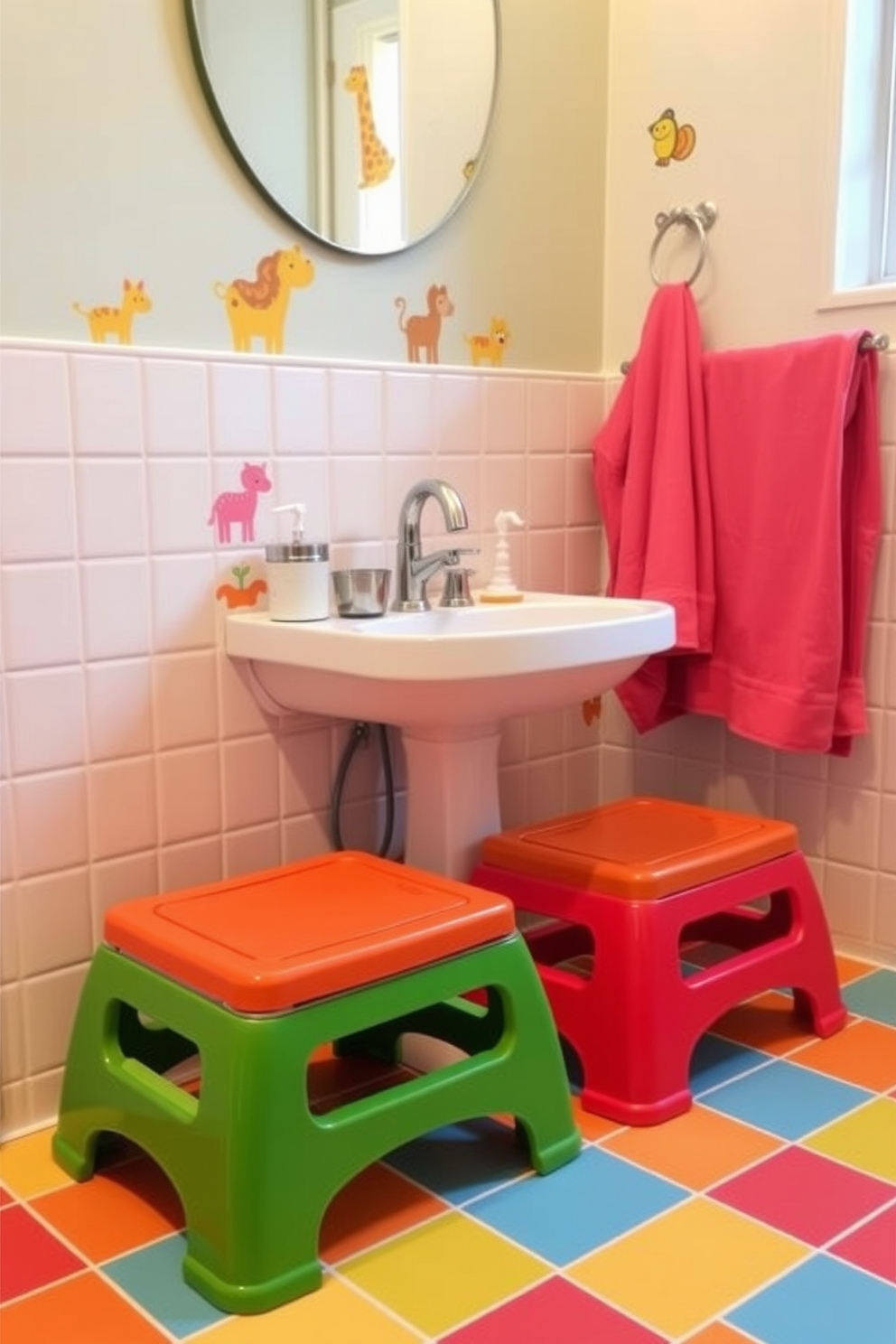 A vibrant kids bathroom featuring non-slip flooring in bright colors for safety. The walls are adorned with playful animal decals and the fixtures are child-friendly with rounded edges.