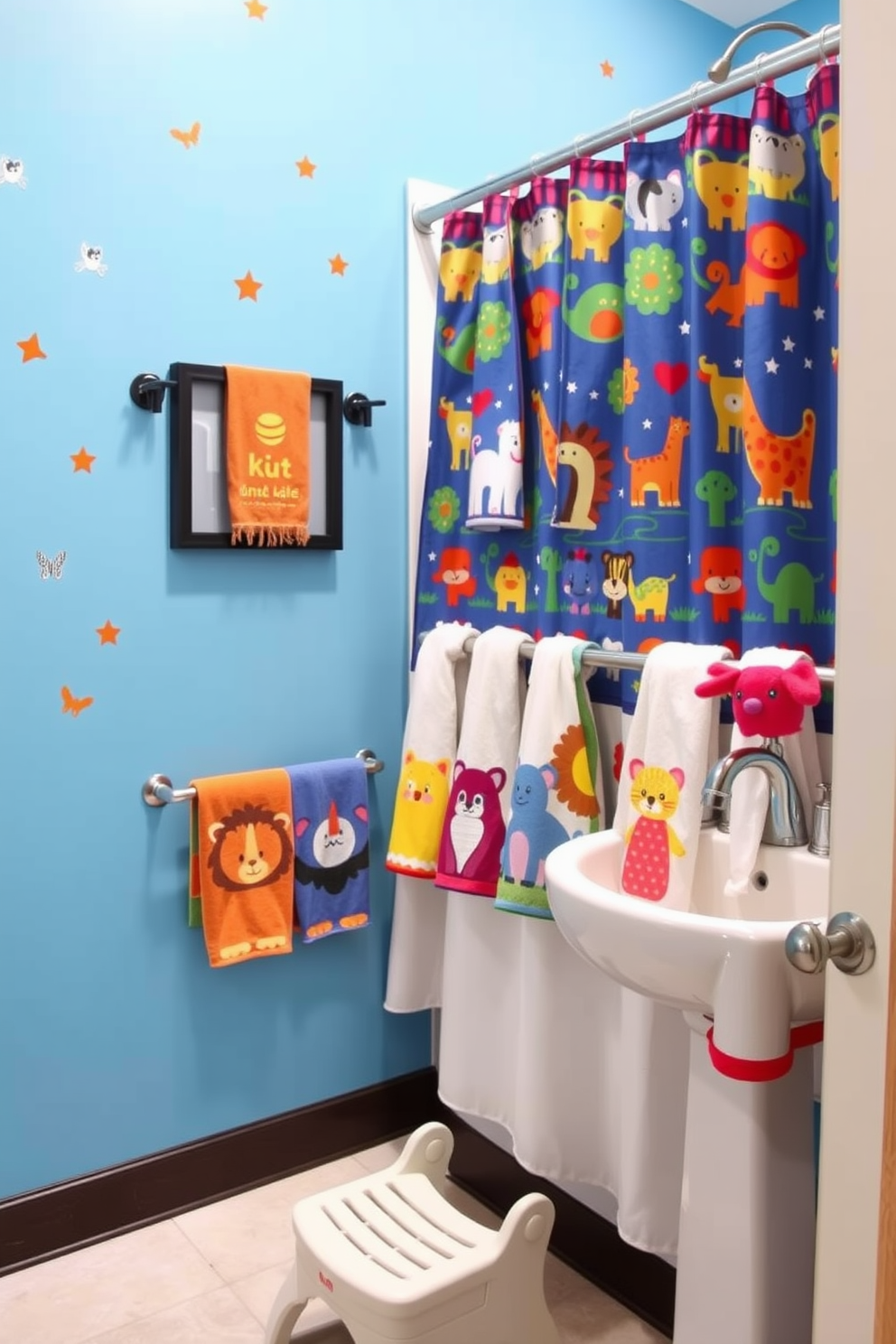 A whimsical kids bathroom design featuring colorful bath toys displayed as playful decor. The walls are painted in a bright pastel hue, and a fun shower curtain with cartoon characters adds a cheerful touch.