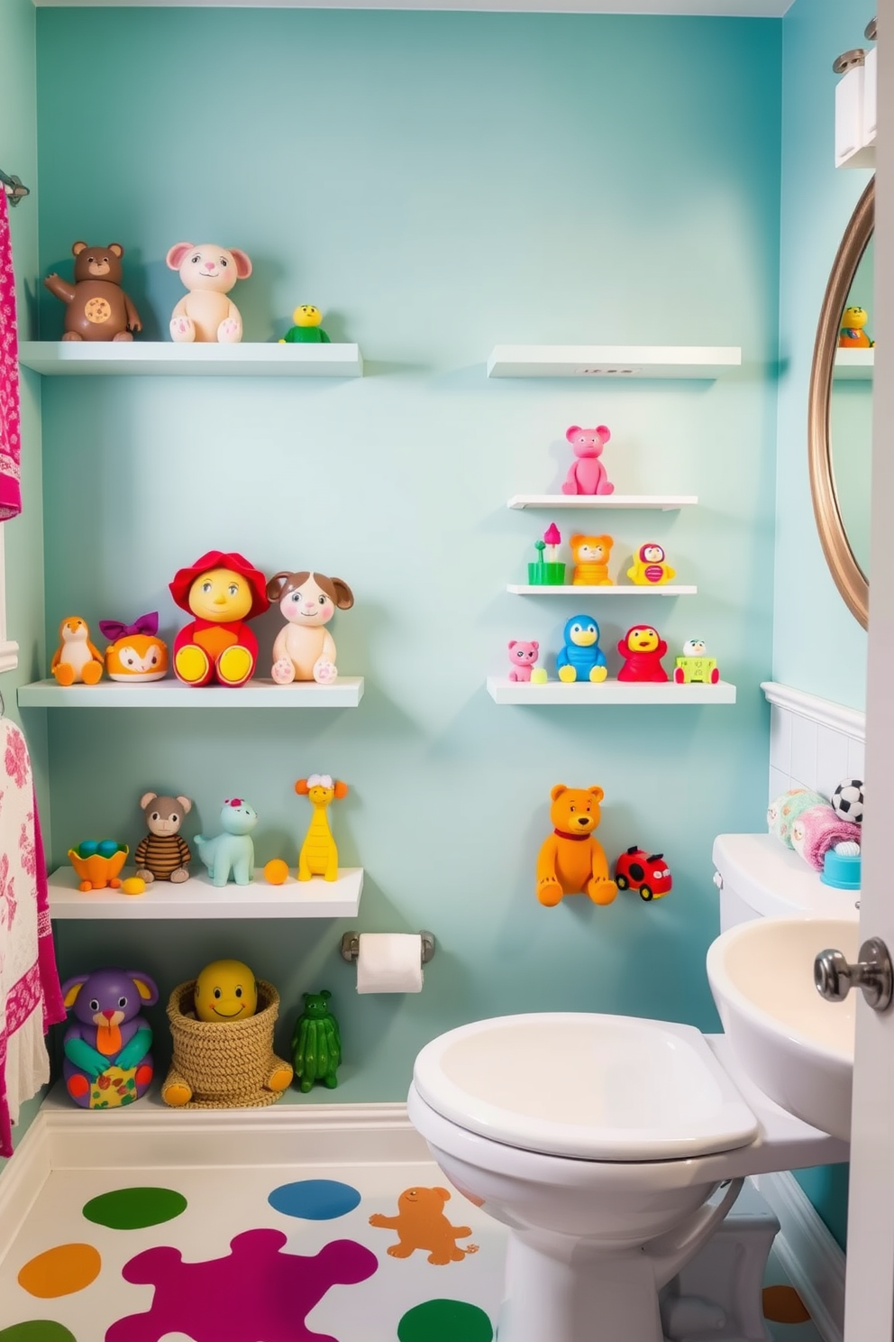 A playful kids bathroom featuring wall-mounted organizers for easy access to toiletries and toys. Brightly colored shelves are filled with fun bins and baskets, making it simple for children to reach their essentials. The walls are adorned with cheerful murals of underwater scenes, creating an adventurous atmosphere. A soft, non-slip rug in vibrant hues adds comfort underfoot while complementing the overall decor.