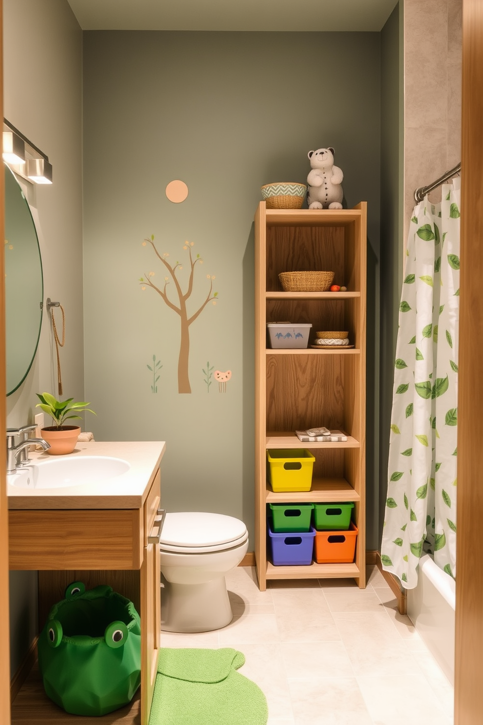 A whimsical kids bathroom featuring playful colors and fun patterns. The walls are adorned with cheerful wallpaper depicting underwater scenes, and the floor is covered with soft, non-slip tiles. A large freestanding bathtub sits in the center, surrounded by colorful bath toys. Brightly colored towels hang on hooks shaped like sea creatures, adding to the playful theme.