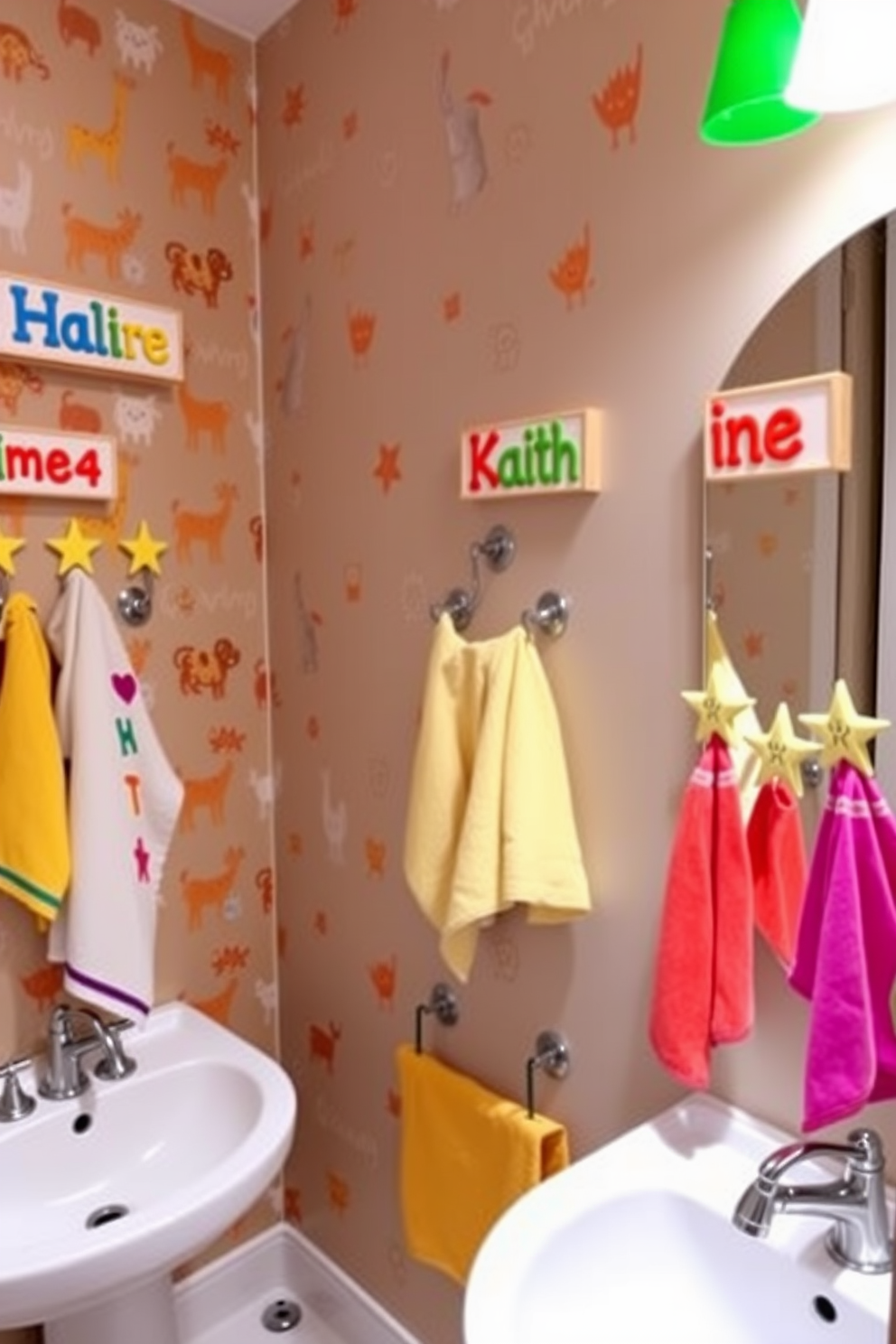 A playful kids bathroom design featuring colorful and creative tile patterns that add visual interest. The floor is adorned with a mix of whimsical shapes and vibrant colors, creating an inviting atmosphere for children.