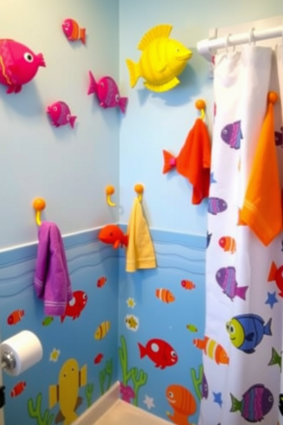 A playful kids bathroom featuring interactive mirrors that incorporate built-in games to engage children. The walls are adorned with bright colors and fun patterns, creating a cheerful atmosphere. The vanity is designed at a lower height for easy access by kids, with colorful storage bins underneath for toys and toiletries. Fun animal-themed accessories and a vibrant shower curtain add to the whimsical feel of the space.