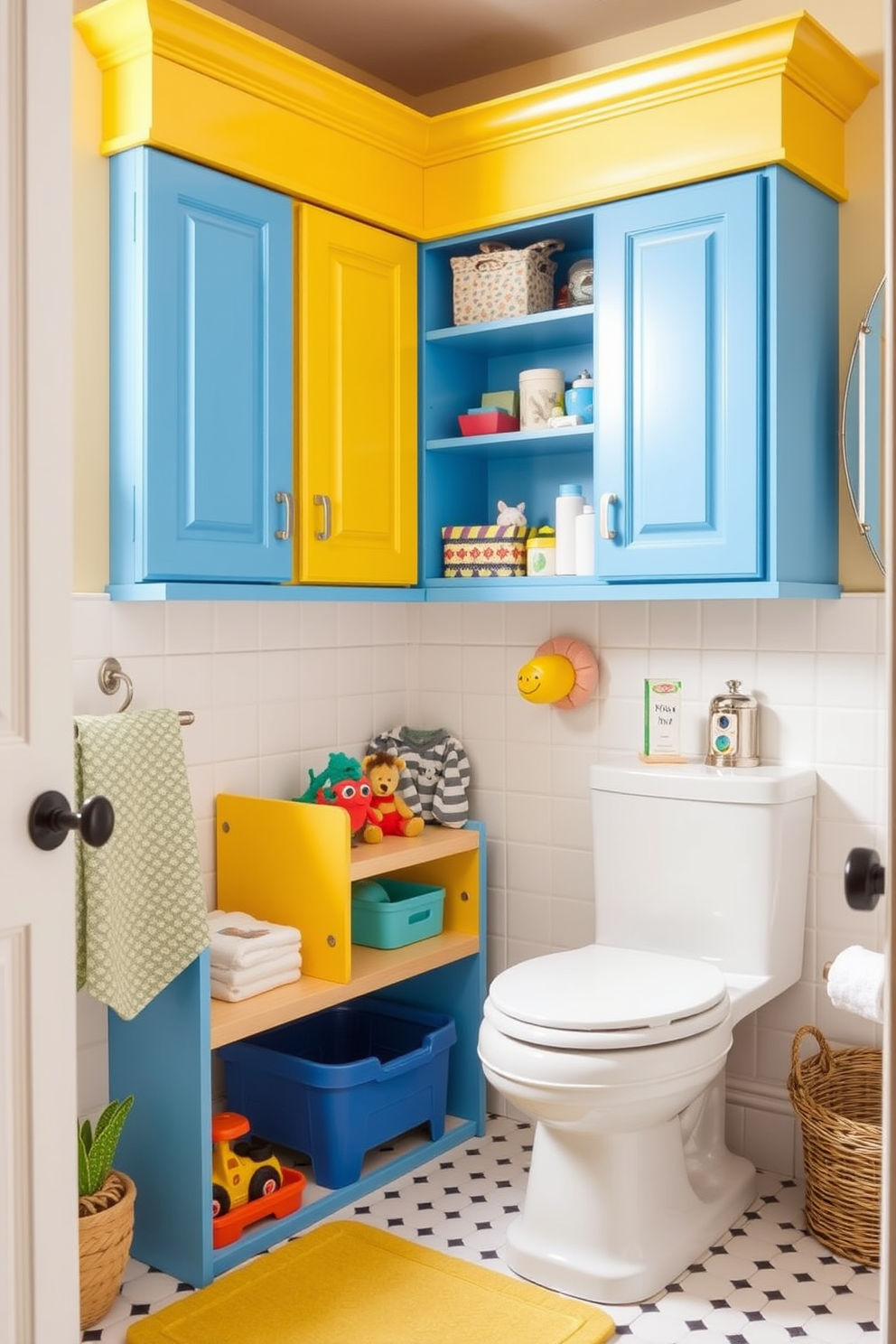 A vibrant kids bathroom featuring colorful shower tiles in playful patterns. The walls are painted in a soft pastel shade, complementing the bright tiles and creating a cheerful atmosphere.