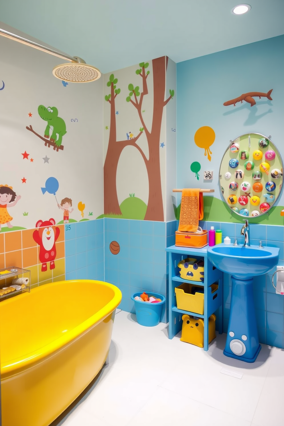 A whimsical kids bathroom features a colorful vanity designed to resemble a playful animal. Beneath the sink, hidden storage compartments cleverly blend into the design, providing ample space for toys and bath essentials. The walls are adorned with cheerful, vibrant murals that spark imagination. Fun-shaped shelving units display bath products while doubling as playful decor elements.