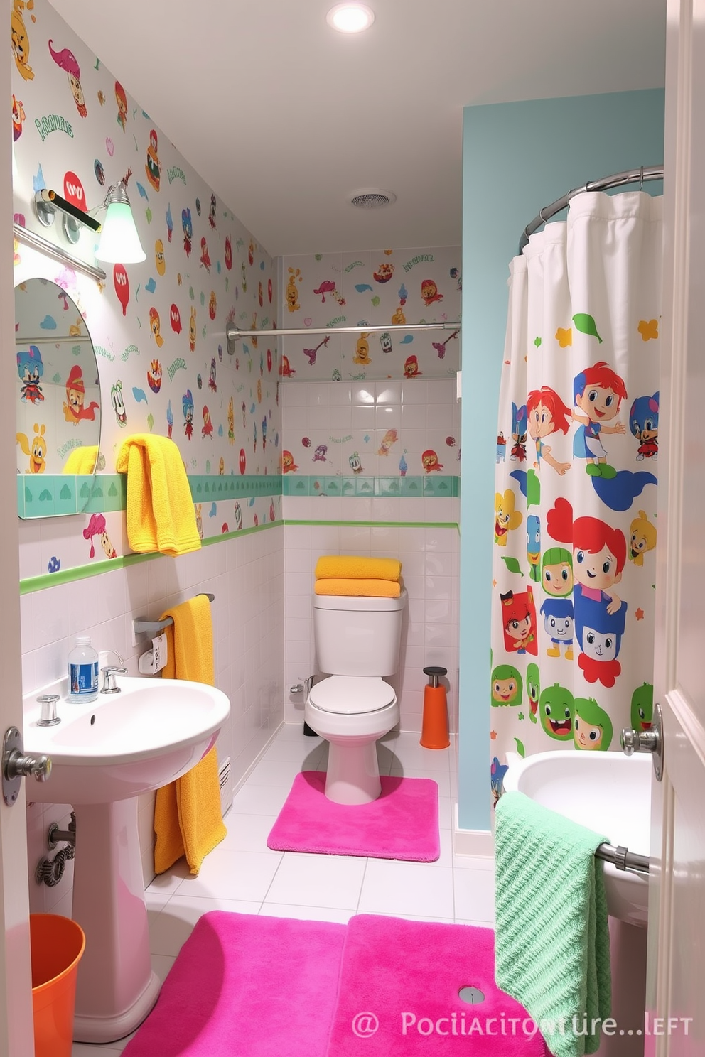 A vibrant kids bathroom featuring themed bathrobes hanging on hooks shaped like animals. The walls are painted in bright colors, with playful decals of underwater creatures and a whimsical shower curtain. The floor is adorned with soft, colorful rugs that resemble cartoon characters. A small step stool is positioned by the sink, making it easy for kids to reach the faucet and wash their hands.