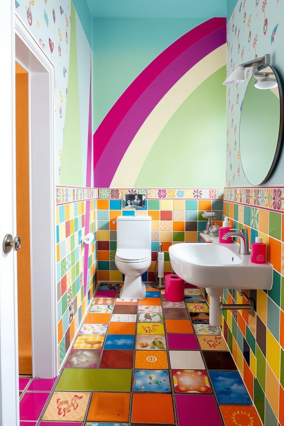 A playful kids bathroom featuring floating shelves at varying heights for easy access to toys. The walls are painted in a bright, cheerful color, and the floor is covered with soft, water-resistant mats.