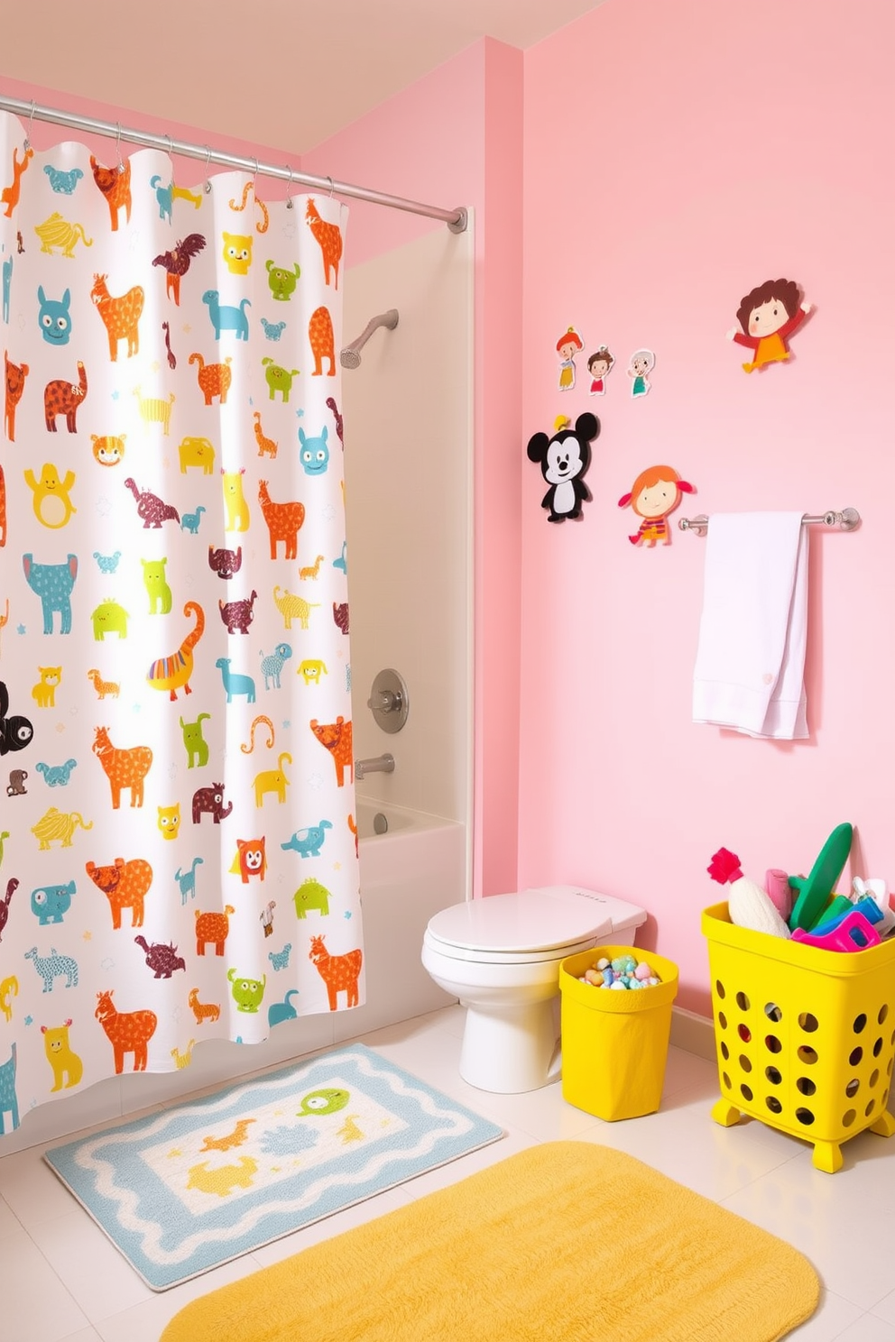 A vibrant and playful kids bathroom filled with custom artwork created by the kids. The walls are adorned with colorful drawings and paintings, showcasing their creativity and imagination. The vanity features a fun, bright color scheme with playful shapes and designs. Accessories like bath mats and towels complement the artwork, creating a cohesive and cheerful atmosphere.