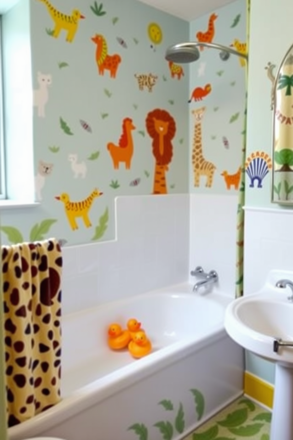 A playful kids bathroom featuring a fun shower curtain adorned with colorful cartoon characters. The walls are painted in a bright blue hue, complemented by cheerful yellow bath mats and accessories.