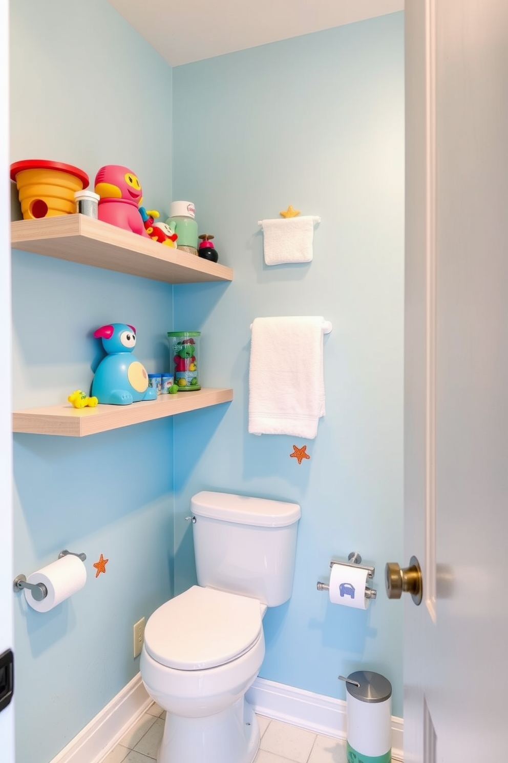 A vibrant kids bathroom featuring colorful under-sink storage designed to hold towels and supplies. The cabinetry is painted in cheerful shades of blue and yellow, with playful patterns that appeal to children. Brightly colored bath accessories complement the storage, creating a fun and inviting atmosphere. The walls are adorned with whimsical decals of sea creatures, adding a playful touch to the overall design.