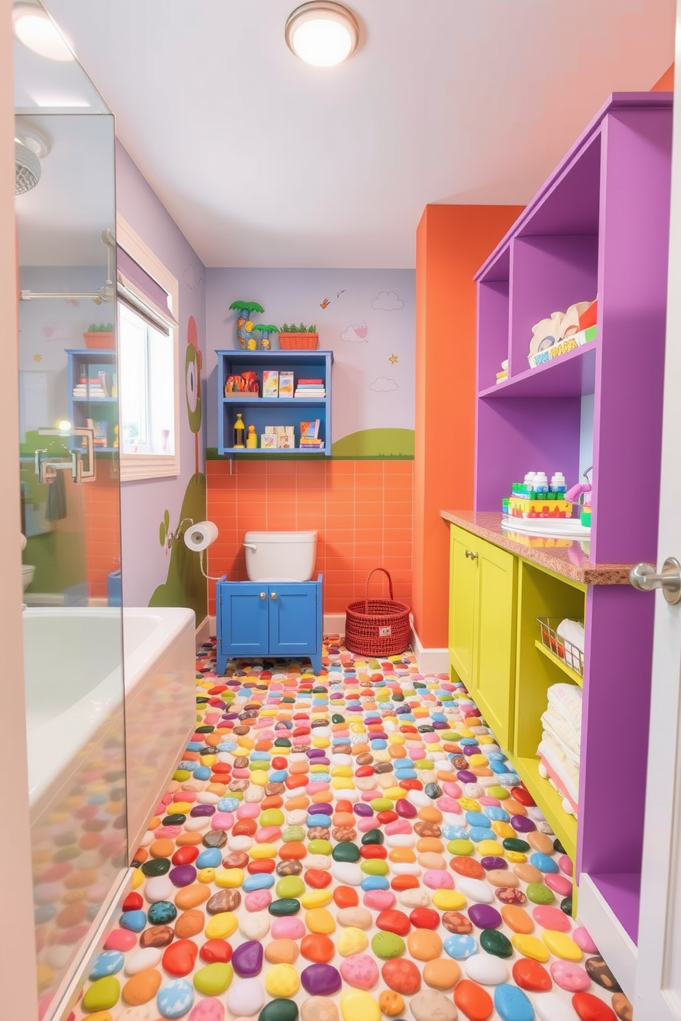 A vibrant kids bathroom filled with interactive wall art that encourages creativity. The walls are adorned with colorful murals featuring playful characters and whimsical designs, inviting children to engage their imagination. The bathroom includes a fun and functional vanity with bright, child-friendly colors and playful shapes. Accessories like a shower curtain and bath mats complement the theme, making the space both lively and inviting for kids.