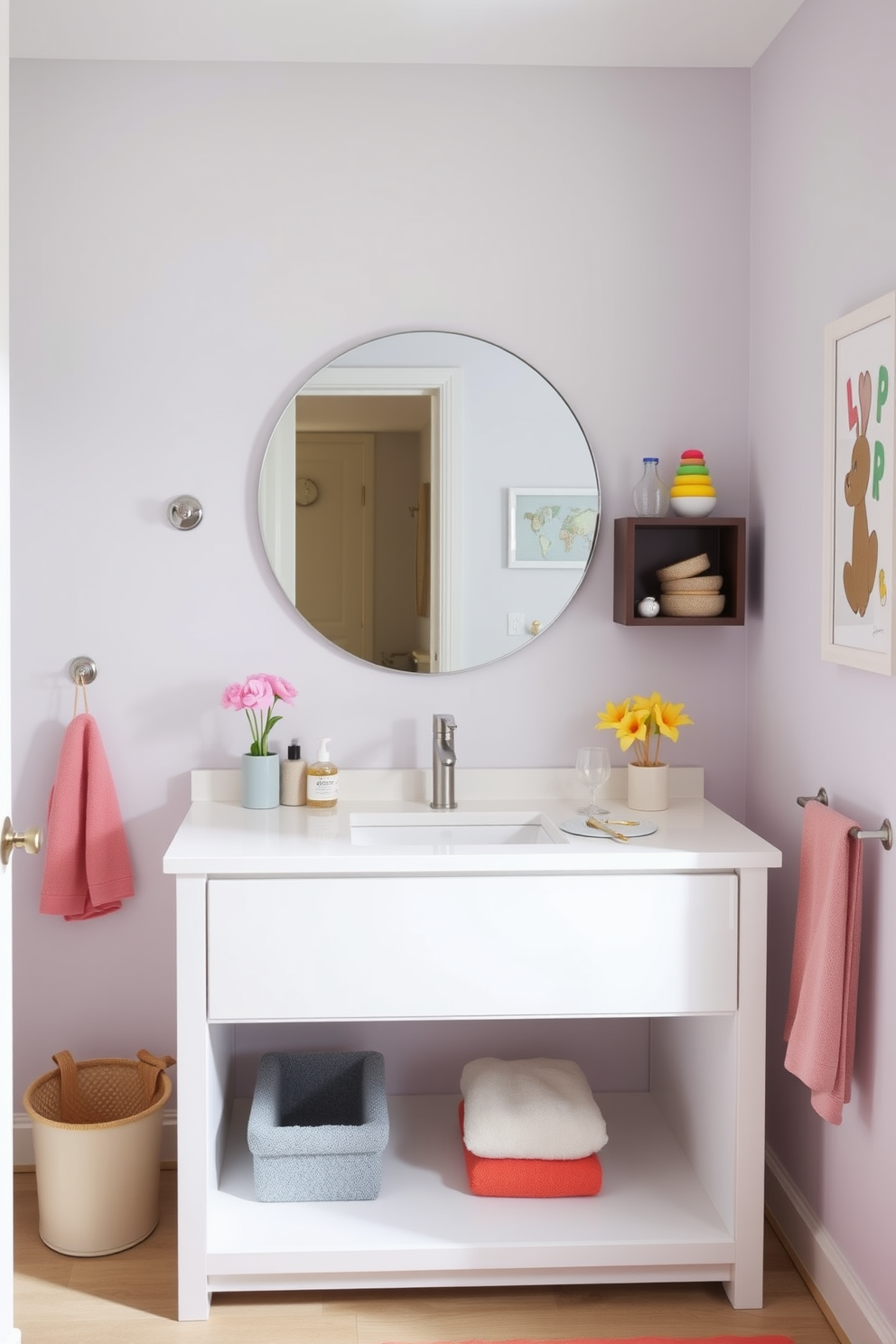 A whimsical kids bathroom featuring light fixtures shaped like fluffy clouds. The walls are painted in a soft sky blue, and colorful bath accessories are scattered throughout the space. A playful bathtub designed to resemble a boat sits in the center, surrounded by bright yellow rubber duckies. Cheerful wall decals of animals and rainbows add a fun touch to the overall decor.