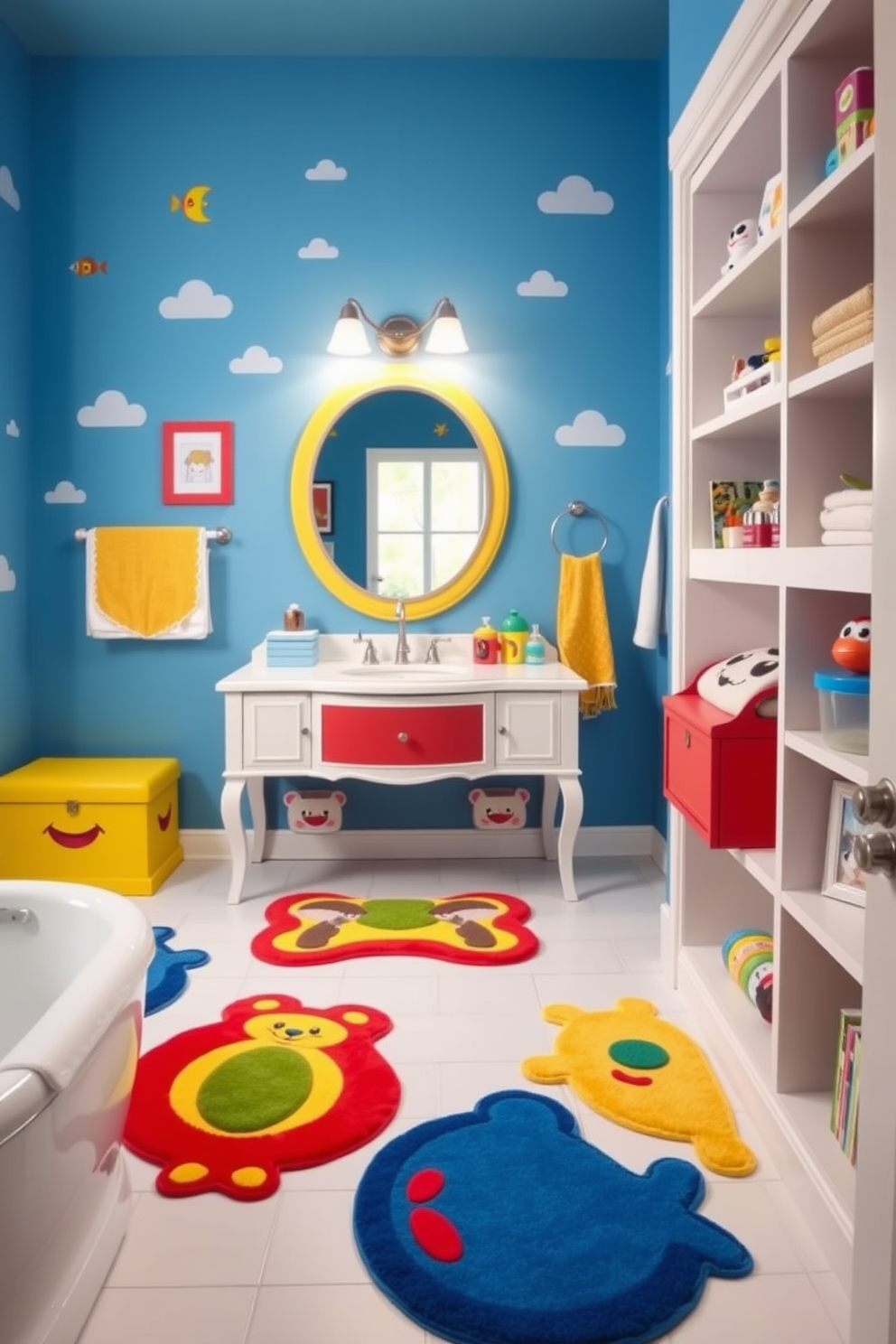 A playful kids bathroom design featuring easy-clean surfaces for low maintenance. The walls are adorned with colorful, waterproof wallpaper and the floor is covered with a durable, non-slip vinyl that is easy to wipe down. The vanity includes a sturdy countertop made of quartz that resists stains and scratches. Fun, child-friendly accessories such as a bright shower curtain and themed bath mats add a whimsical touch to the space.