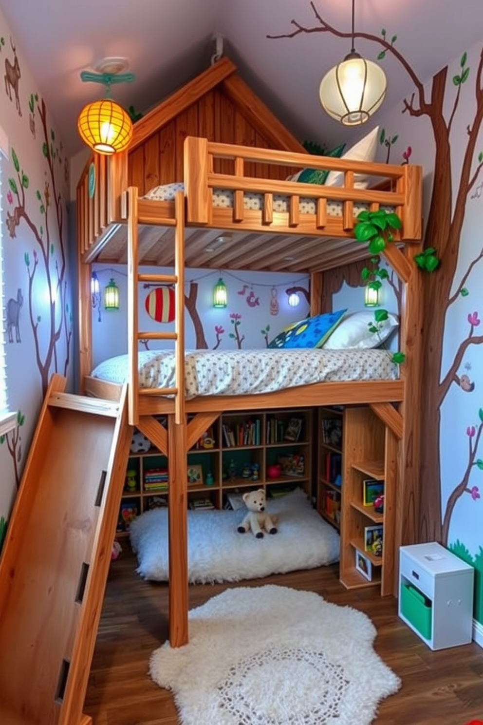 A whimsical treehouse loft bed design features a wooden structure resembling a treehouse with a ladder leading up to the sleeping area. The bed is surrounded by playful elements such as hanging lanterns, colorful cushions, and a small slide for fun. The walls are adorned with nature-themed wallpaper, creating a vibrant and imaginative atmosphere. Below the loft bed, a cozy reading nook is set up with a soft rug and shelves filled with books and toys.