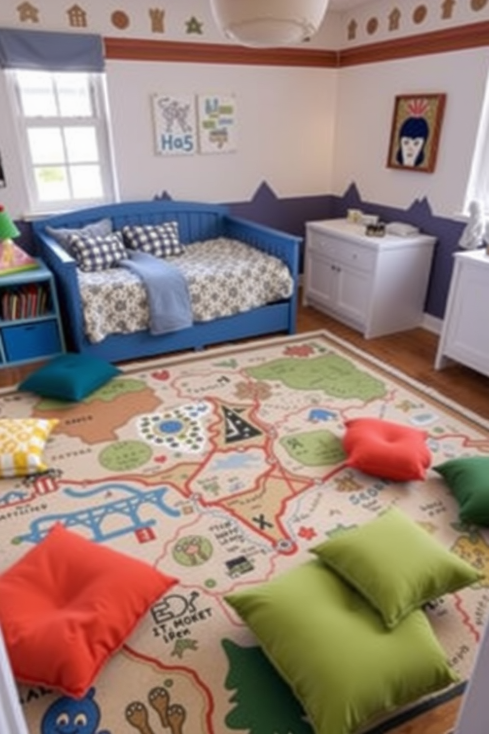 A whimsical kids bedroom featuring an adventure map rug that covers the floor, adding a playful touch to the space. Surrounding the rug are colorful floor cushions in various shapes, providing a cozy area for play and relaxation.