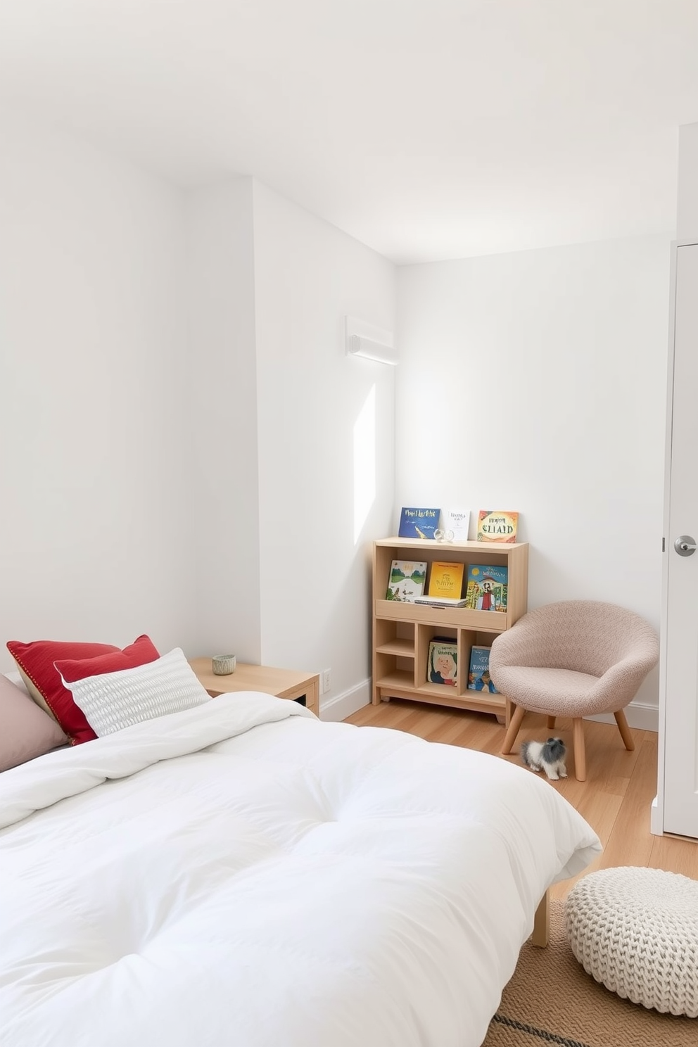 A bright and airy kids bedroom featuring minimalist Scandinavian style. The room is adorned with neutral tones, including soft whites and light grays, complemented by natural wood accents. A cozy bed with a simple design is placed against the wall, topped with a fluffy white duvet and colorful accent pillows. A small reading nook with a plush chair and a bookshelf filled with children's books adds charm to the space.