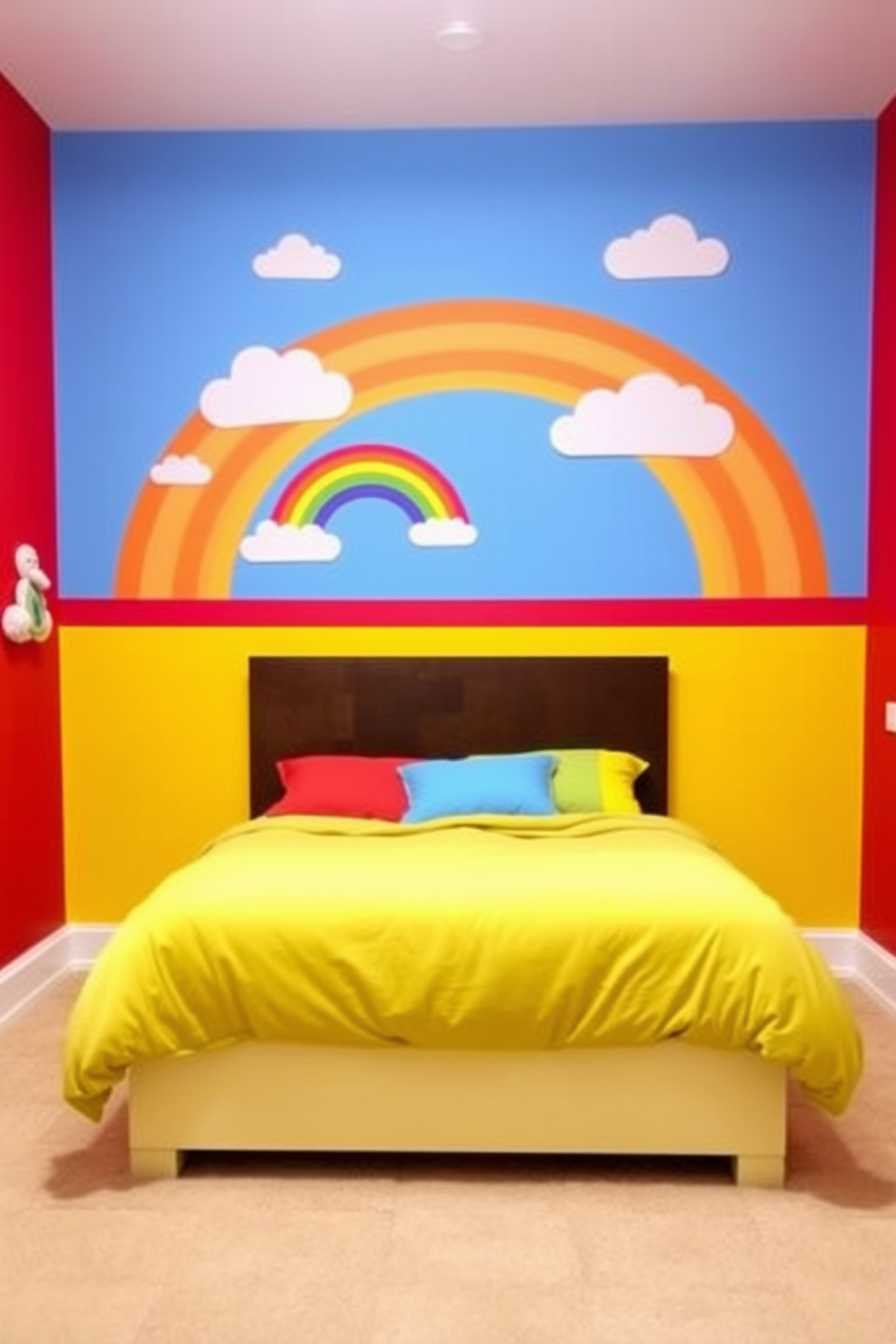 A vibrant kids bedroom designed with a superhero theme. The walls are painted in bright blue with comic book-style murals featuring popular superheroes. A colorful bedspread displays various superhero logos and action figures are strategically placed on shelves. A playful rug shaped like a cityscape adds a fun touch to the floor.