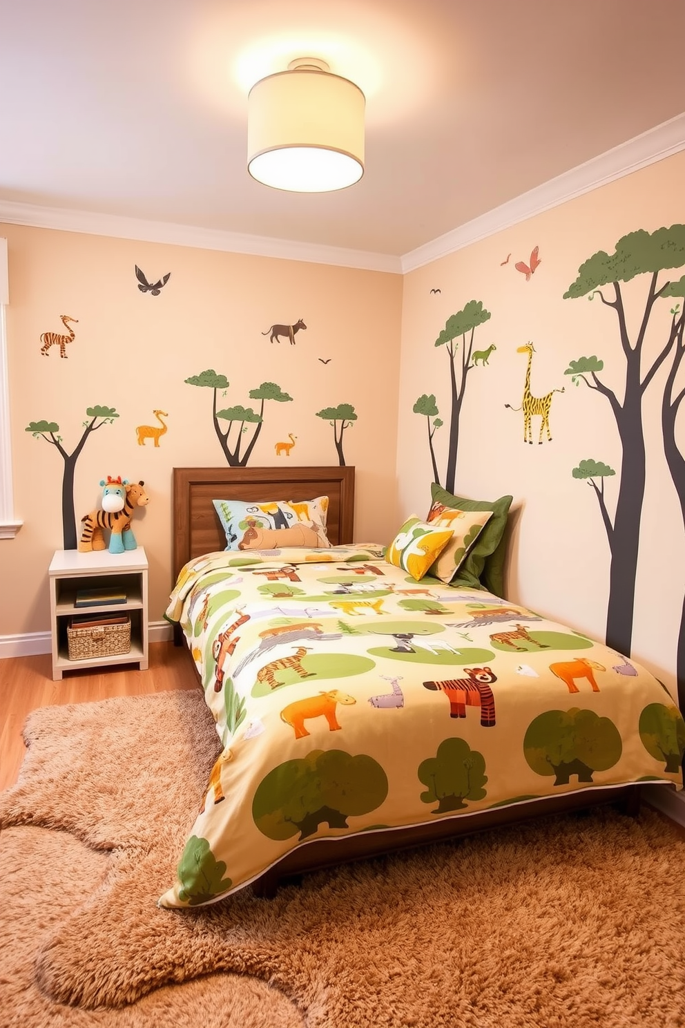 A vibrant kids bedroom designed with an animal safari theme. The walls are painted in a soft beige color, adorned with playful animal decals, while a plush rug resembling a savanna landscape covers the floor. The bed features a colorful duvet cover with jungle animals, complemented by matching throw pillows. A cozy reading nook with a small bookshelf and plush toys creates an inviting space for imaginative play.