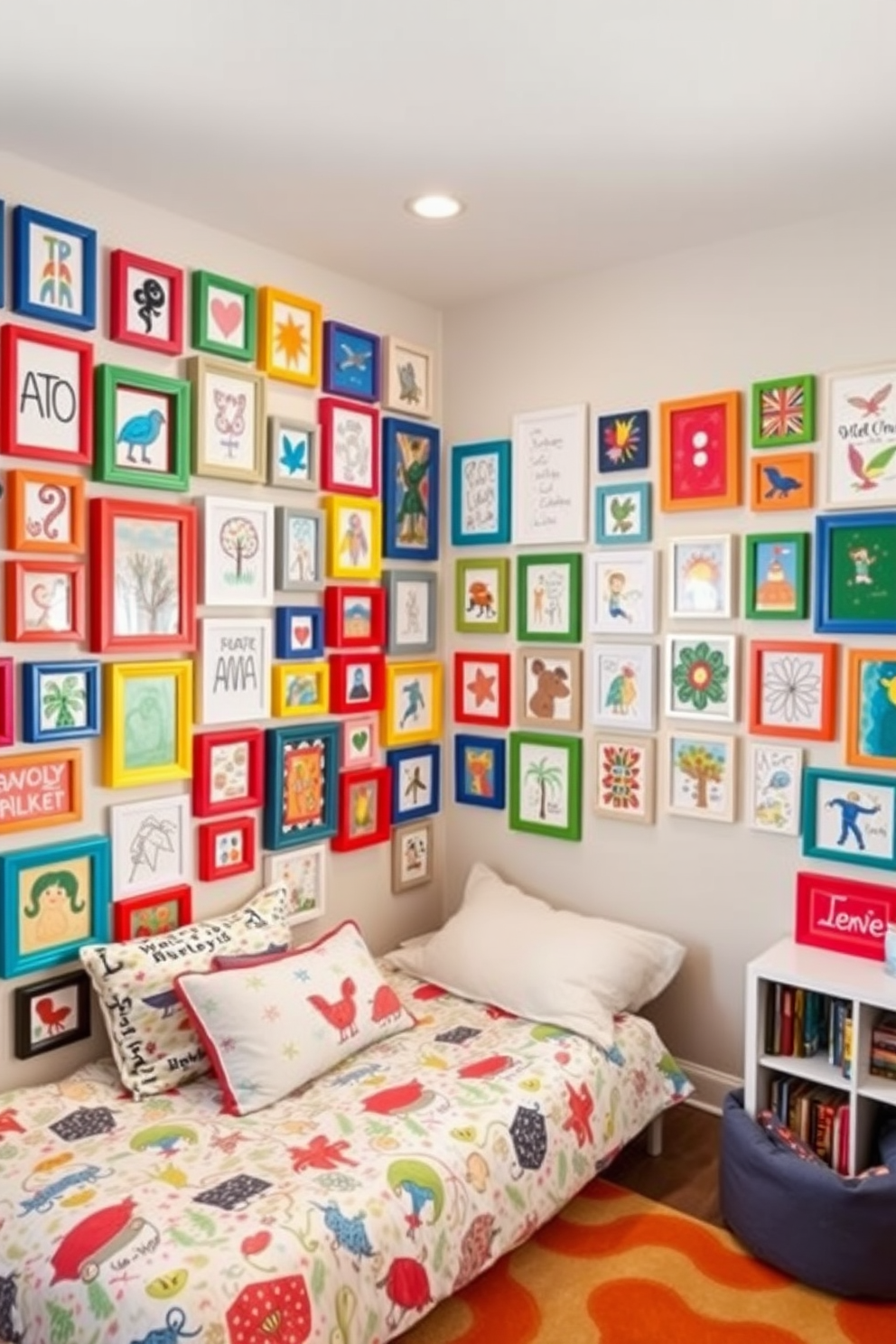 Cozy reading nook with built-in shelves. A plush armchair is positioned next to a large window, with a soft throw blanket draped over it. The built-in shelves are filled with books and decorative items, creating an inviting atmosphere. A small side table holds a steaming cup of tea and a reading lamp for warm illumination. Kids Bedroom Design Ideas. Brightly colored walls feature playful murals of animals and nature, inspiring creativity and fun. A bunk bed occupies one corner, with a cozy reading corner nearby filled with cushions and stuffed animals.