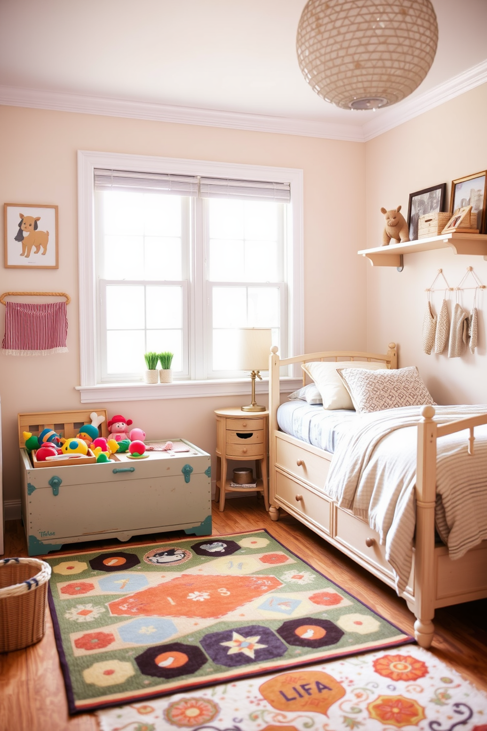 A cozy kids bedroom featuring vintage toy storage that adds a nostalgic charm. The room has soft pastel walls and a playful rug, with a charming wooden toy chest filled with colorful toys in one corner.