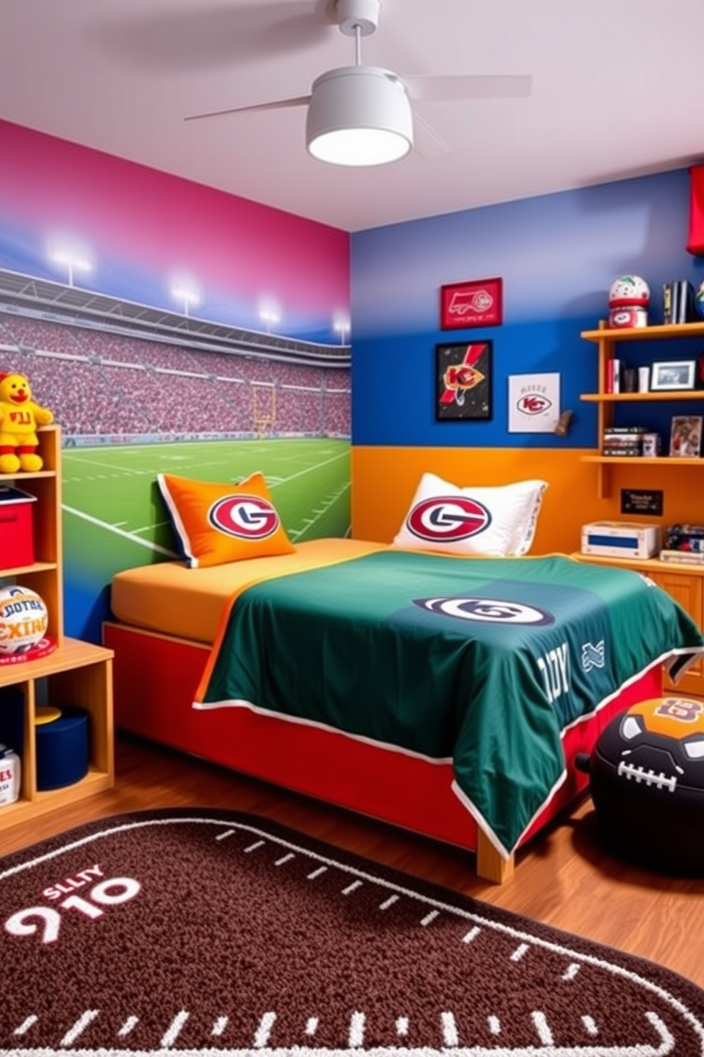 A vibrant kids bedroom filled with sports-themed decor featuring the colors of their favorite team. The walls are painted in bright hues matching the team colors, and a large mural of a stadium scene adorns one wall. A cozy bed is dressed in team-themed bedding, complete with pillows showcasing the team logo. Shelves are filled with sports memorabilia, and a rug in the shape of a football field adds a playful touch to the room.