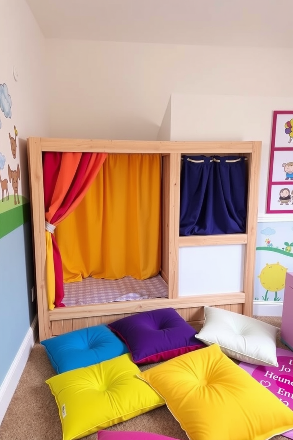 A whimsical DIY puppet theater corner is created in a cozy kids bedroom. The theater features colorful curtains and a sturdy wooden frame, inviting imaginative play and storytelling. Brightly colored cushions are scattered on the floor for comfortable seating during performances. The walls are adorned with playful artwork, creating an engaging and cheerful atmosphere.