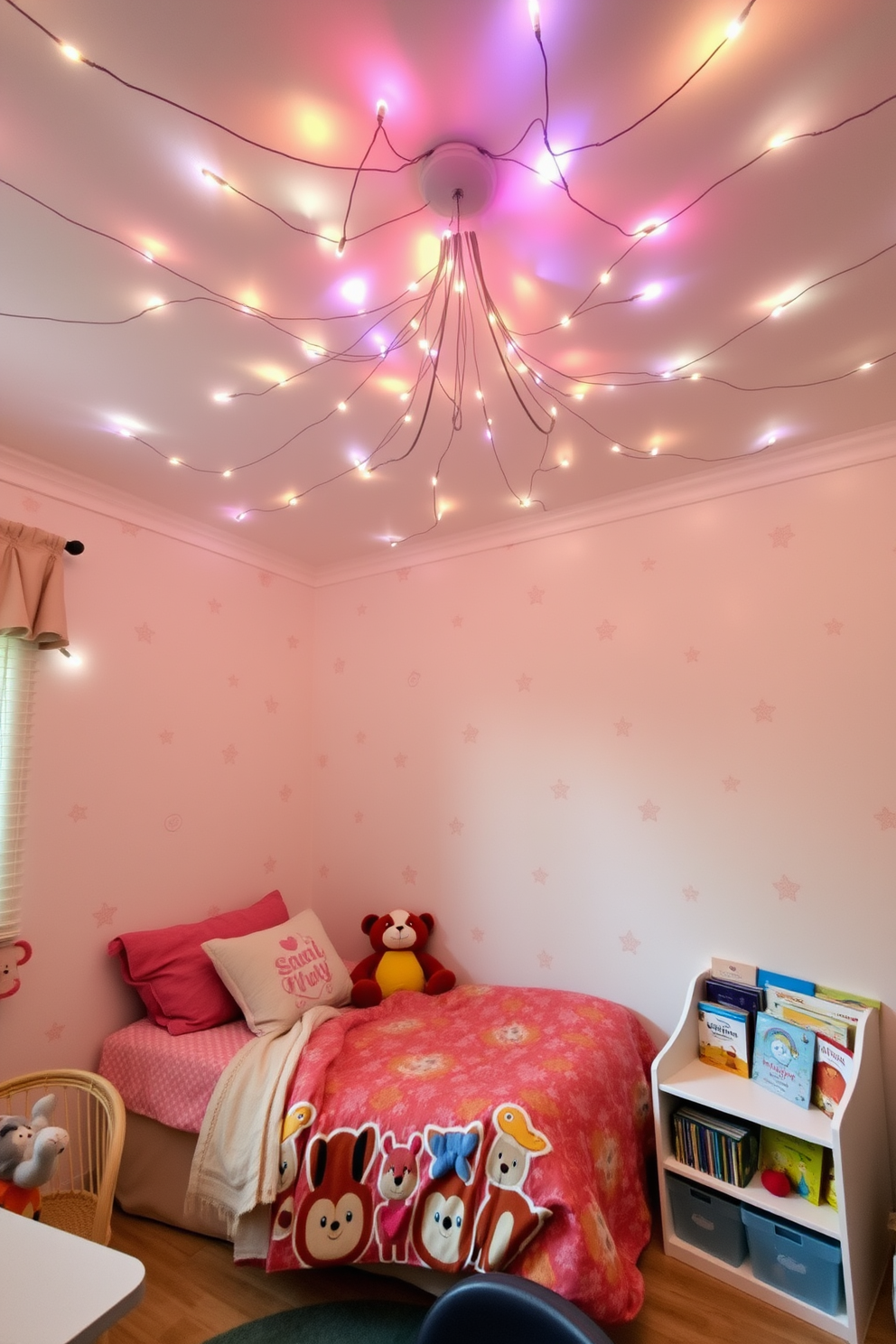 A whimsical kids bedroom filled with imagination. The ceiling is adorned with magical fairy lights that twinkle softly above the bed creating a cozy atmosphere. The walls are painted in a playful pastel color with fun wall decals of animals and stars. A comfortable bed with colorful bedding is placed against one wall, surrounded by plush toys and a small bookshelf filled with storybooks.