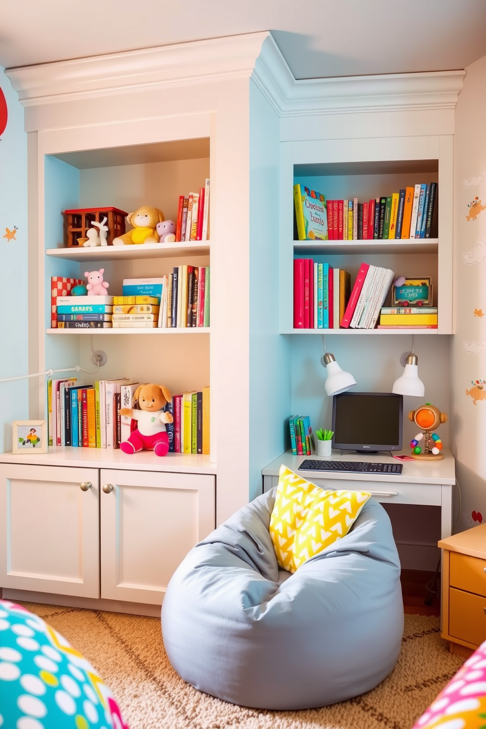 Custom built-in bookshelves create a cozy reading nook in the corner of the kids bedroom. The shelves are painted in a soft pastel color, filled with an array of colorful books and plush toys, while a comfortable bean bag chair sits below for reading comfort. The kids bedroom features playful design ideas that encourage creativity and exploration. Brightly colored bedding and whimsical wall decals complement the space, while a small desk area is perfect for arts and crafts activities.