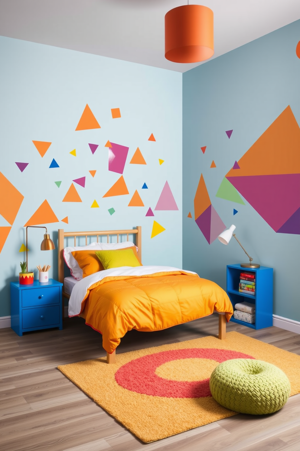 A vibrant kids bedroom filled with colorful geometric patterns on the walls. The room features a cozy bed with a playful duvet cover and a cheerful rug on the floor.