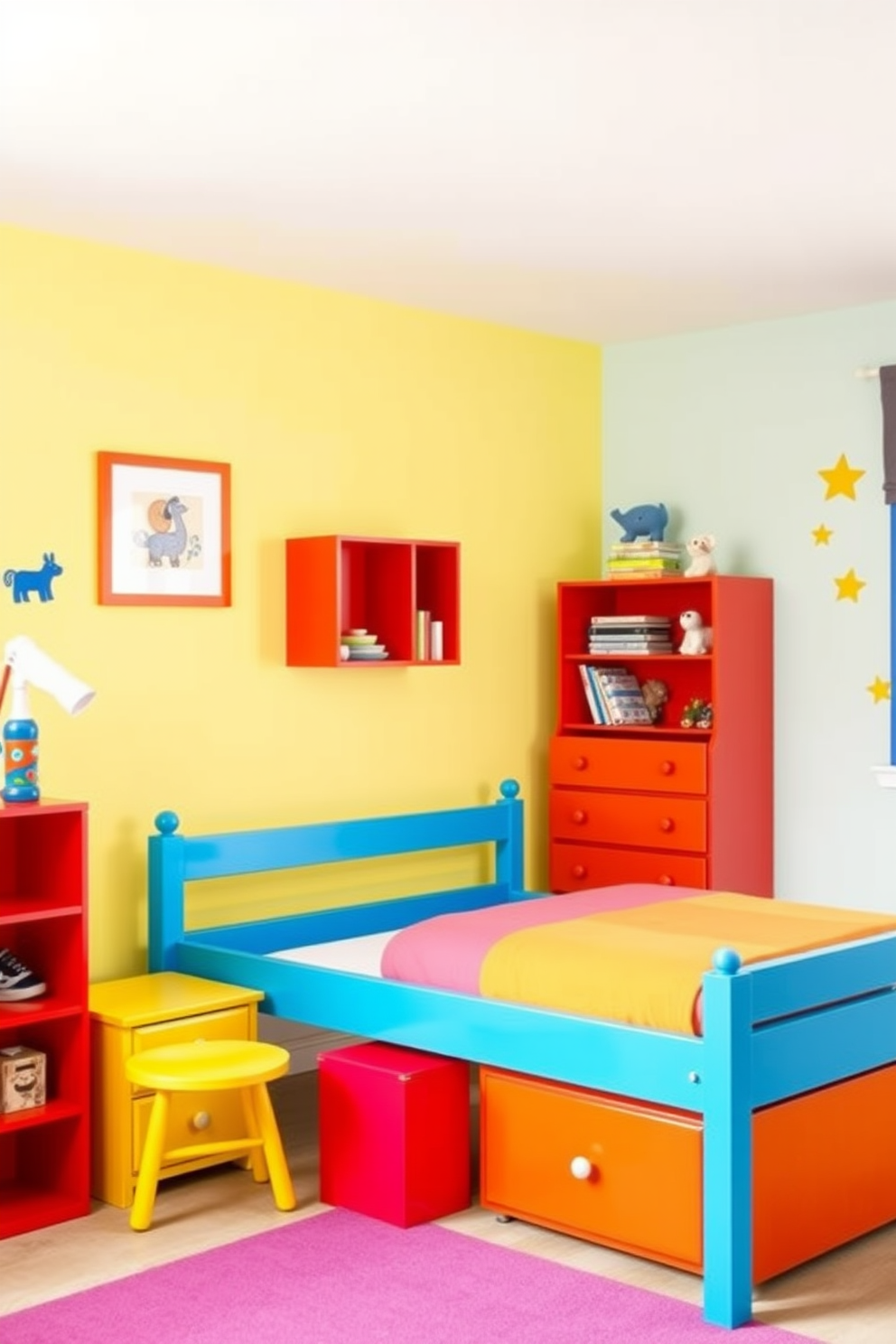 Brightly colored furniture fills the room with energy and joy. A vibrant blue bed frame is paired with a yellow dresser and a red bookshelf, creating a playful atmosphere. The walls are painted in a soft pastel hue to balance the bold furniture choices. Fun wall decals of animals and stars add a whimsical touch to the overall design.