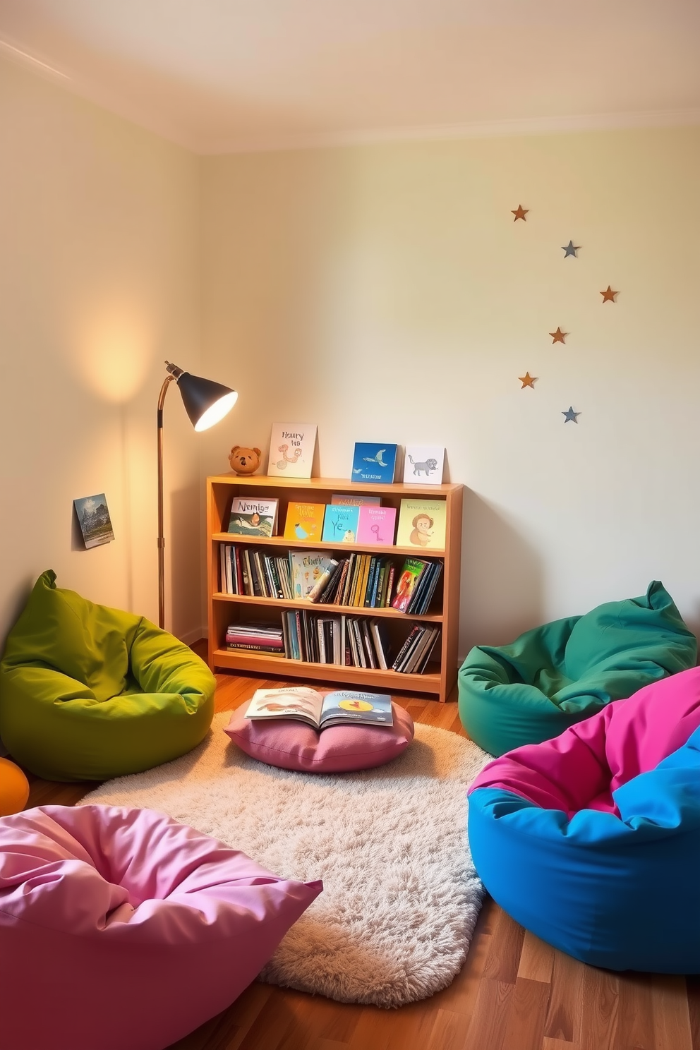 A cozy reading corner designed for kids features vibrant bean bags in various colors scattered around a low wooden bookshelf filled with storybooks. Soft, warm lighting from a nearby floor lamp creates an inviting atmosphere, while playful wall decals of animals and stars add a whimsical touch to the space. The walls are painted in a cheerful pastel hue, complementing the colorful bean bags. A plush rug in the center provides a comfortable spot for children to sit and enjoy their favorite stories.