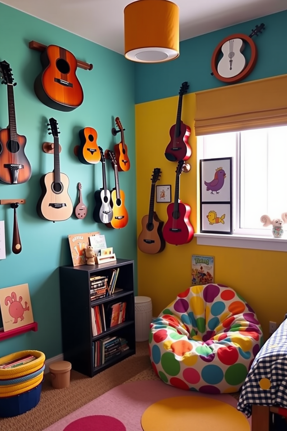 A whimsical kids bedroom featuring a vibrant musical instrument display as decor. The walls are painted in cheerful colors, and a variety of instruments like guitars, violins, and drums are creatively arranged on shelves and hooks. A cozy reading nook is set up with a colorful bean bag and a small bookshelf filled with children's books. Fun, playful artwork adorns the walls, enhancing the lively atmosphere of the room.