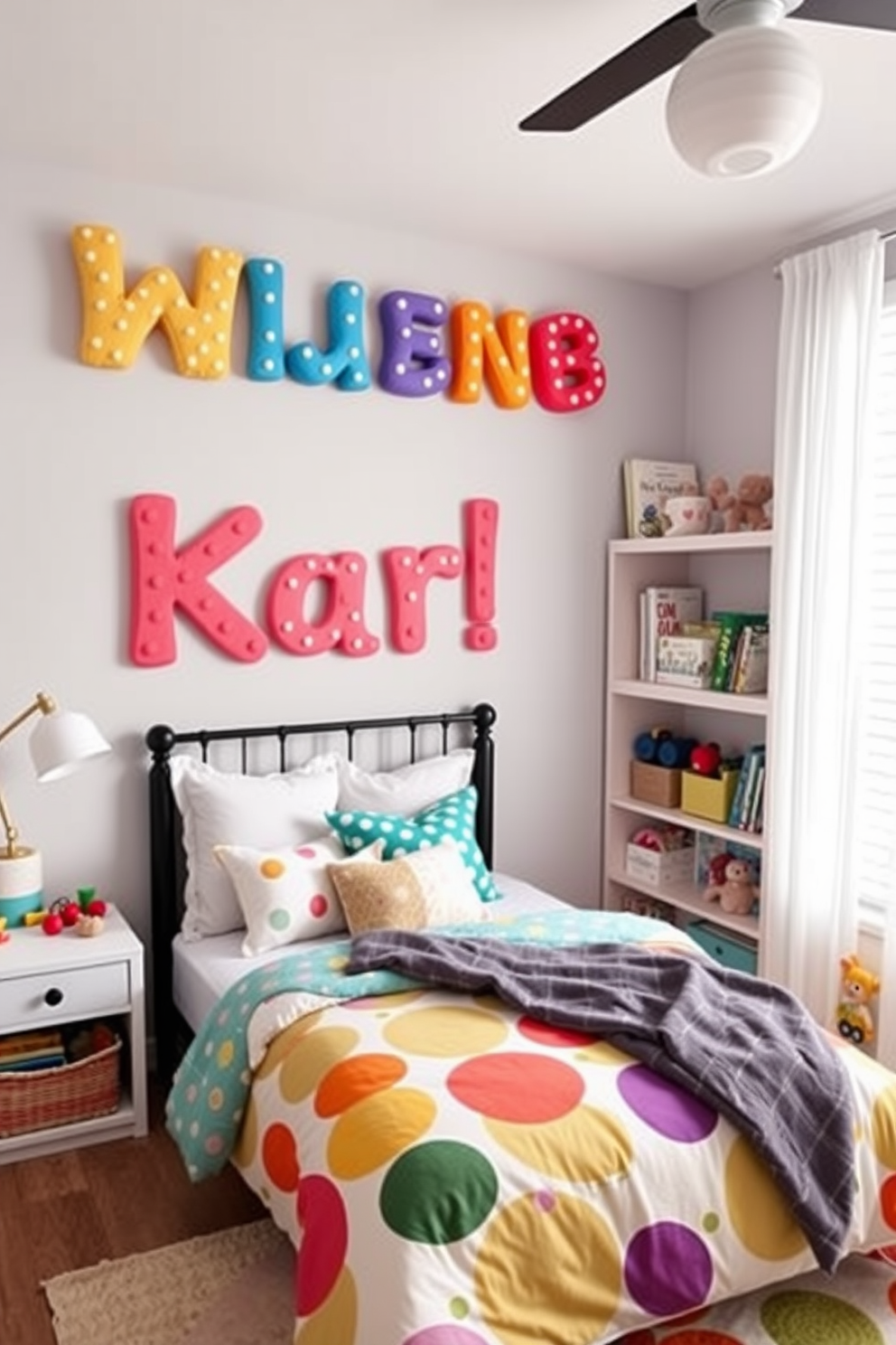 Create a whimsical kids bedroom featuring personalized name wall art that showcases vibrant colors and playful fonts. The room includes a cozy bed with a colorful duvet, a small reading nook with plush cushions, and shelves filled with books and toys.