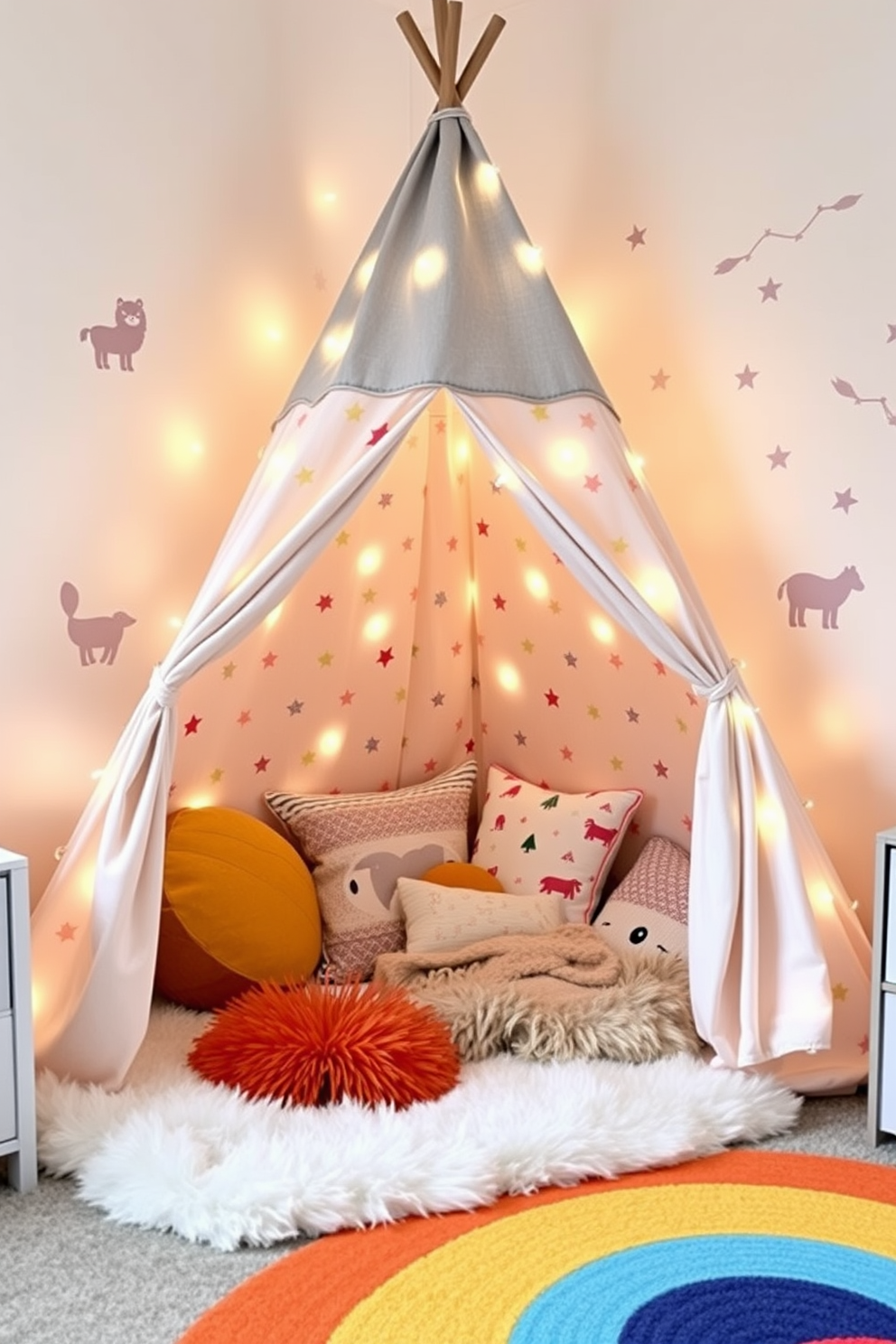 A whimsical tent or teepee is set up in a corner of the kids bedroom, adorned with colorful patterns and soft fairy lights. Plush cushions and a cozy blanket are scattered inside, creating an inviting nook for playtime and reading. Surrounding the tent, the walls are painted in a cheerful pastel shade, complemented by playful wall decals of animals and stars. A soft area rug in bright colors anchors the space, adding warmth and comfort for little feet.