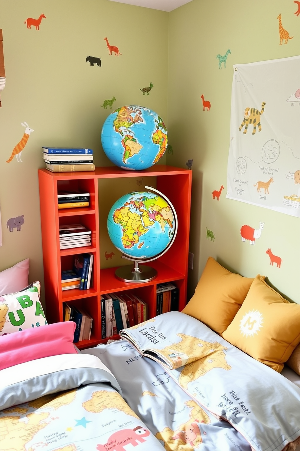 A whimsical kids bedroom featuring an interactive globe prominently displayed on a colorful bookshelf. The room is adorned with playful wall decals of animals and maps, creating an inviting atmosphere for exploration and learning. The bedding is bright and cheerful, showcasing a world map design that encourages curiosity about different cultures. A cozy reading nook with plush cushions invites children to dive into books about far-off places.