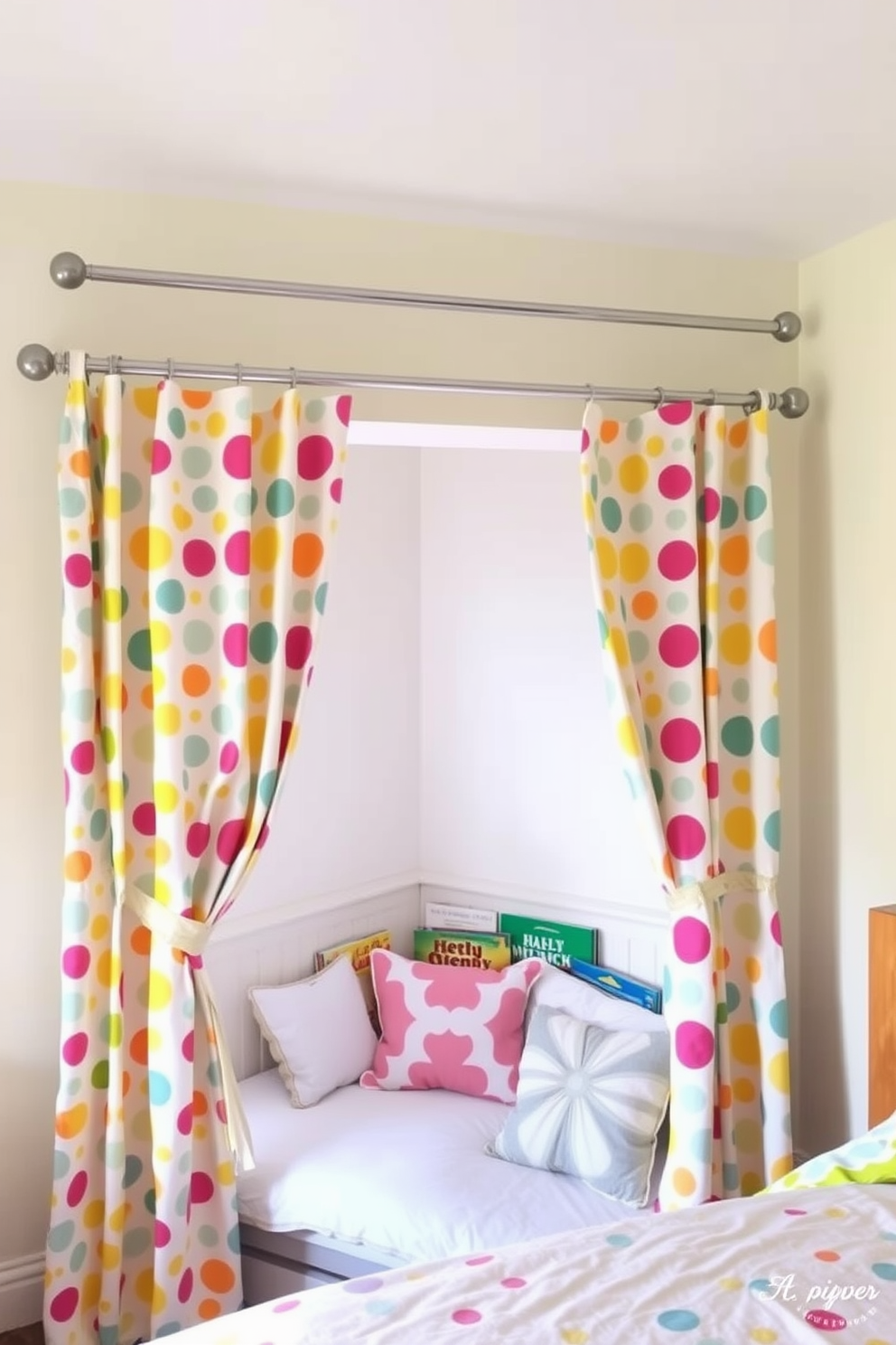 A vibrant kids bedroom inspired by global cultures. The room features a colorful mural depicting a world map, with elements representing various countries woven into the design. The bedding showcases patterns from different cultures, including tribal prints and floral motifs. A cozy reading nook with cushions in bright colors invites imaginative storytelling and exploration.