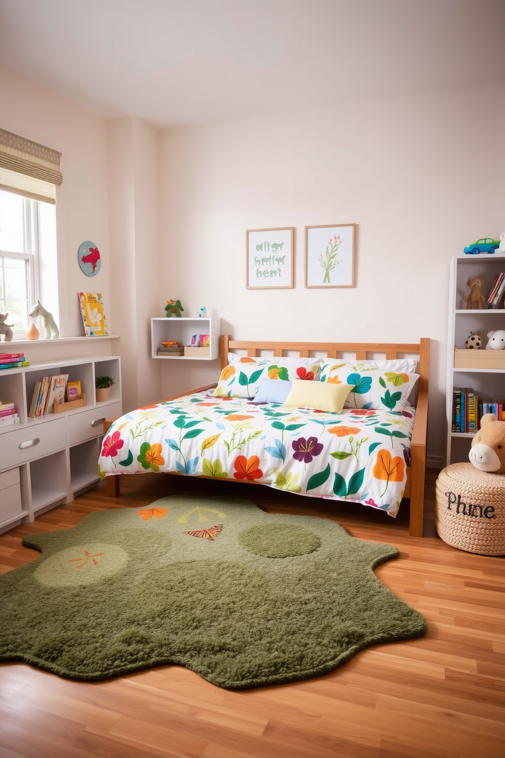 A cozy kids bedroom featuring nature-themed bedding adorned with vibrant leaf patterns. The walls are painted in a soft pastel color, and a wooden bed frame complements the organic theme. A playful rug shaped like a leaf lies on the floor, adding a touch of whimsy to the space. Shelves filled with books and toys are arranged to create an inviting and functional environment.