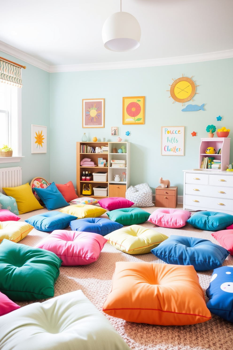 A cozy fairy tale book nook nestled in a corner of a bright kids bedroom. There are plush cushions and a soft rug, creating an inviting space filled with colorful bookshelves. The walls are painted in pastel shades, adorned with whimsical decals of clouds and stars. A small round table holds a stack of favorite storybooks, while a whimsical floor lamp provides warm lighting for bedtime reading.