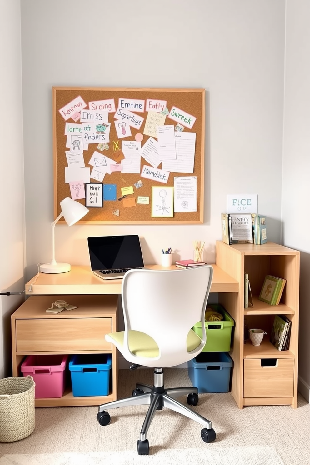 A stylish desk area designed for a homework space in a kids bedroom. The desk is made of light wood with colorful storage bins underneath, and a comfortable ergonomic chair is positioned in front of it. The walls are painted in a soft pastel color, creating a calming atmosphere. A bulletin board filled with drawings and notes hangs above the desk, while a cozy reading nook with a small bookshelf is tucked into the corner.