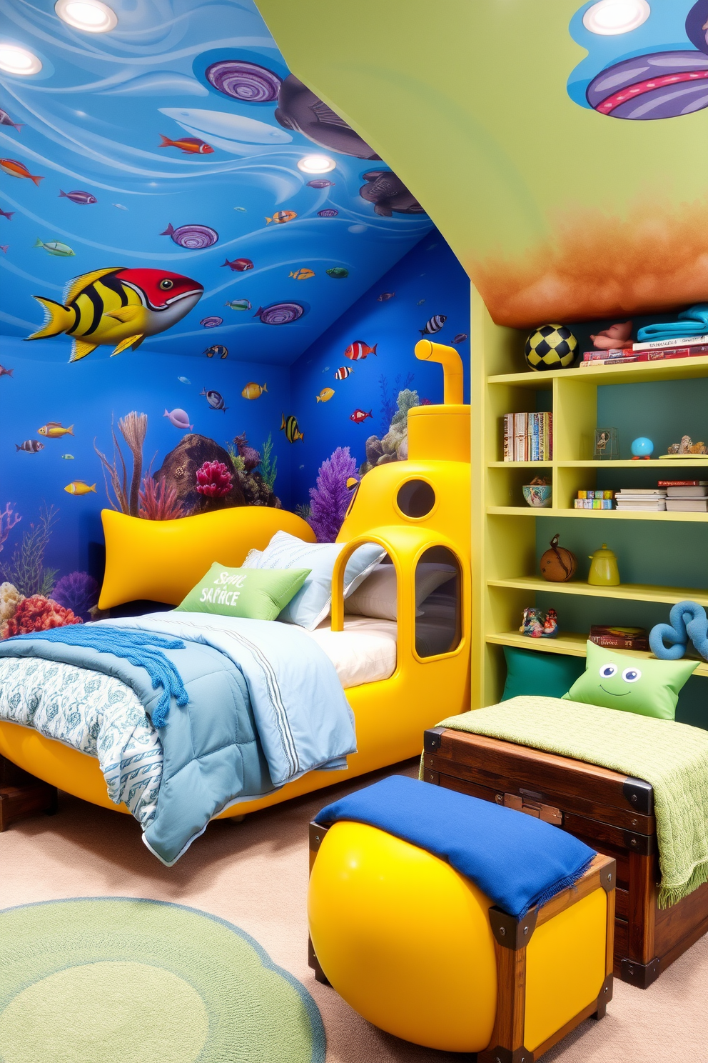 Create a whimsical kids bedroom designed for an underwater adventure theme. The walls are adorned with vibrant ocean murals featuring colorful fish, coral reefs, and playful sea creatures. The furniture includes a bunk bed shaped like a ship and a cozy reading nook resembling a treasure chest. Soft blue and green bedding complements the aquatic color scheme, while glowing starfish night lights add a magical touch.