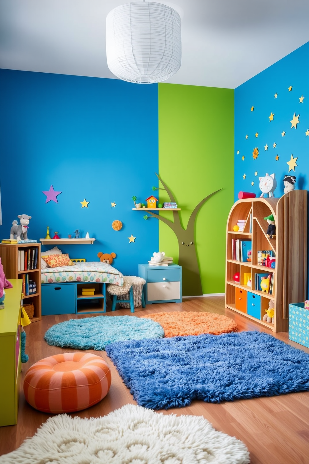 A vibrant kids bedroom featuring a bold accent wall painted in bright blue. The room is filled with playful furniture, including a cozy bed with colorful bedding and a whimsical bookshelf shaped like a tree. Soft, plush rugs in cheerful patterns cover the floor, providing a comfortable play area. Fun wall decals of animals and stars enhance the imaginative atmosphere, making it a perfect space for creativity and relaxation.