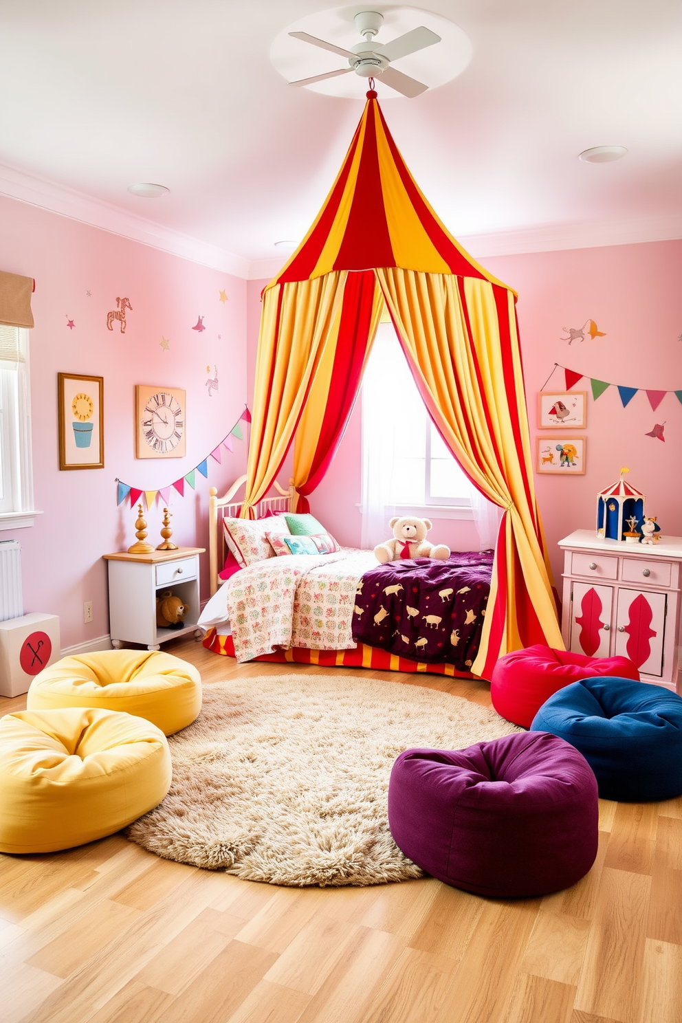 A whimsical kids bedroom inspired by a vintage circus tent theme. The room features a large, colorful circus tent canopy draped over a cozy bed adorned with playful bedding and plush animal toys. The walls are painted in soft pastel colors, with fun circus-themed wall decals and artwork. A plush rug in the shape of a circus ring sits in the center, surrounded by bean bags for a playful seating area.