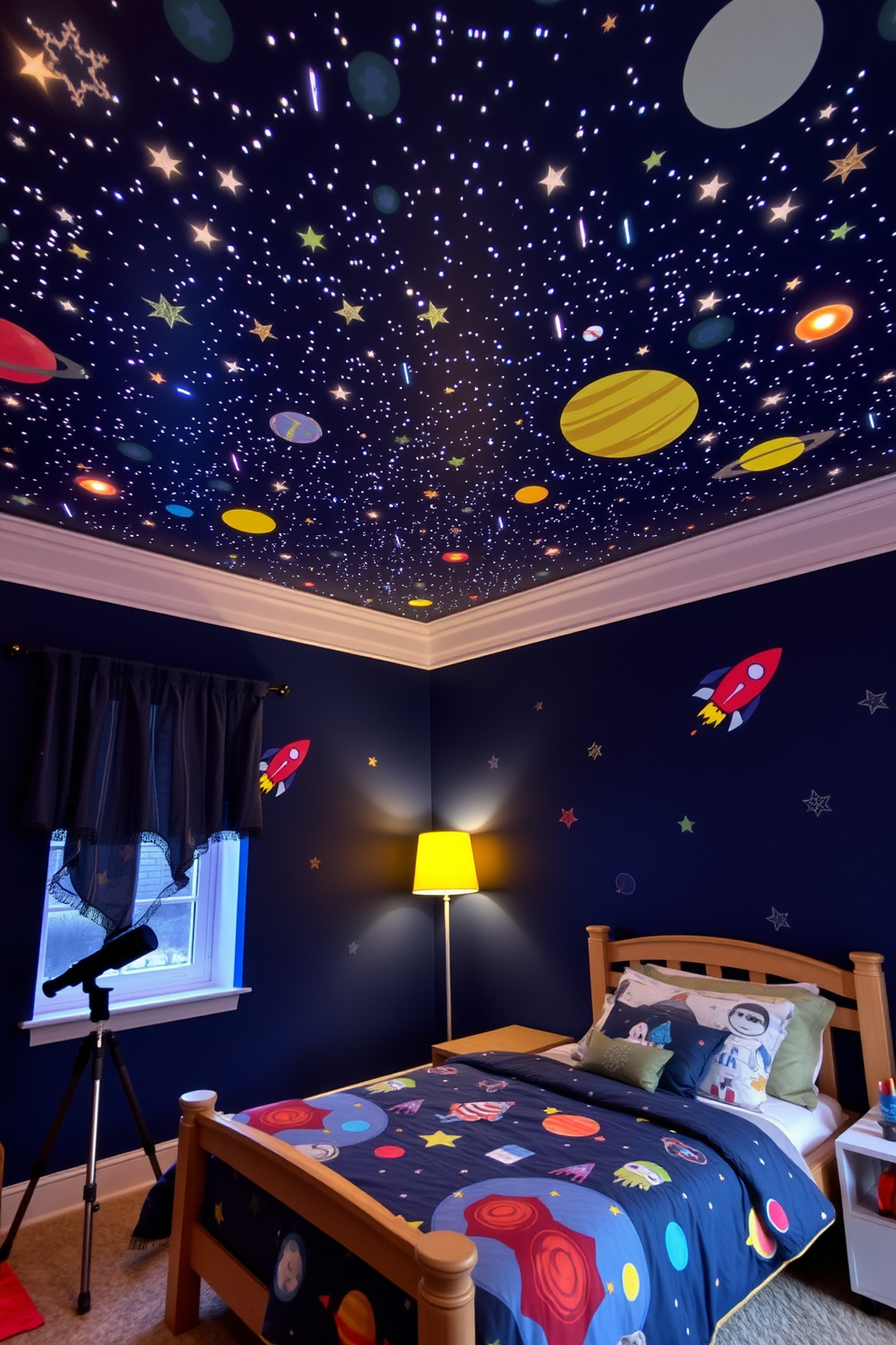 A whimsical kids bedroom designed with a space theme. The ceiling is adorned with glowing stars and planets, creating a magical night sky effect. The walls are painted in deep blue with colorful rocket and astronaut decals. A cozy bed features bedding with space motifs, and a small telescope is placed by the window for stargazing adventures.