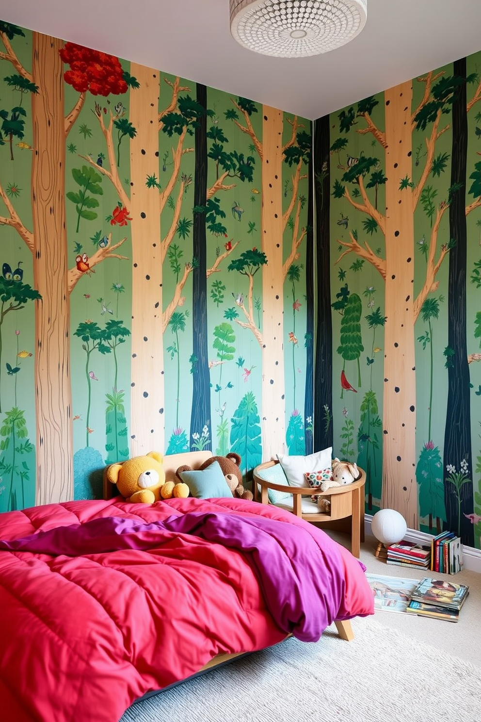 A whimsical kids bedroom featuring nature-inspired forest wallpaper that creates a vibrant and playful atmosphere. The room includes a cozy bed with a colorful duvet, surrounded by plush toys and a small reading nook filled with books and cushions.