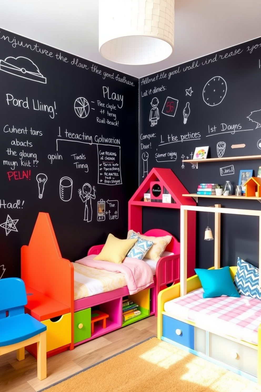 A vibrant kids bedroom featuring an interactive chalkboard wall that encourages creativity and play. The room is filled with colorful furniture, including a playful bed shaped like a house and a cozy reading nook with soft cushions.