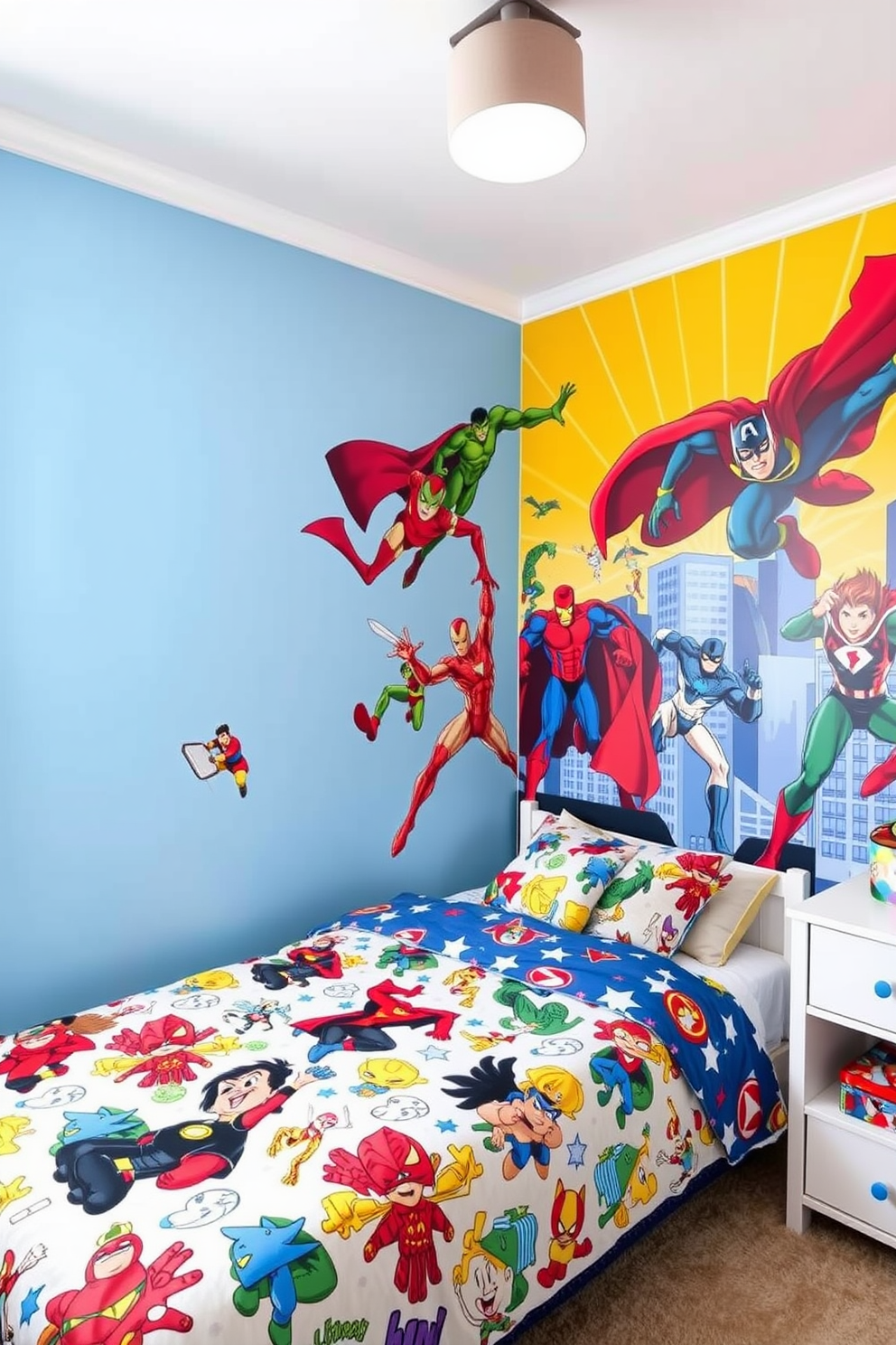 A vibrant kids bedroom featuring a superhero mural on one wall that showcases various iconic characters in action. The bedding is themed with colorful prints of superheroes, complementing the mural and enhancing the playful atmosphere of the room.