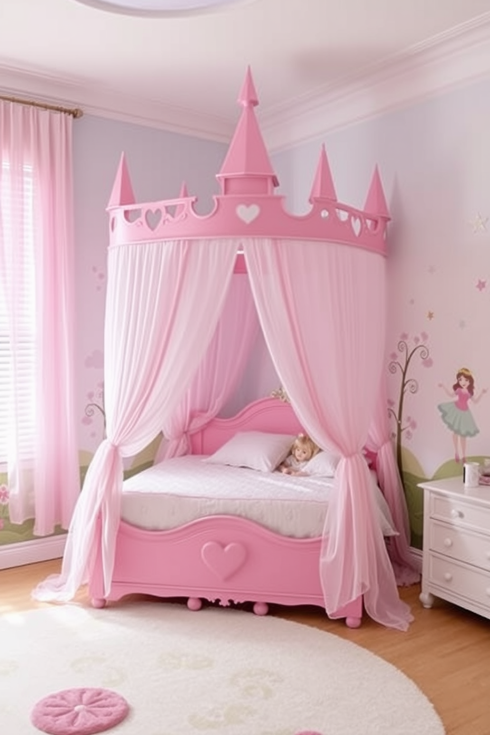 A whimsical kids bedroom featuring a princess castle canopy bed adorned with flowing sheer curtains. The bed is surrounded by pastel-colored walls decorated with fairy tale murals and twinkling star decals.