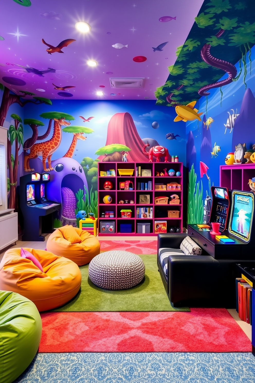 Colorful wall murals depicting whimsical scenes adorn the walls, creating a vibrant and playful atmosphere. The room features comfortable seating areas with bean bags and bright rugs, inviting children to engage in creative play.