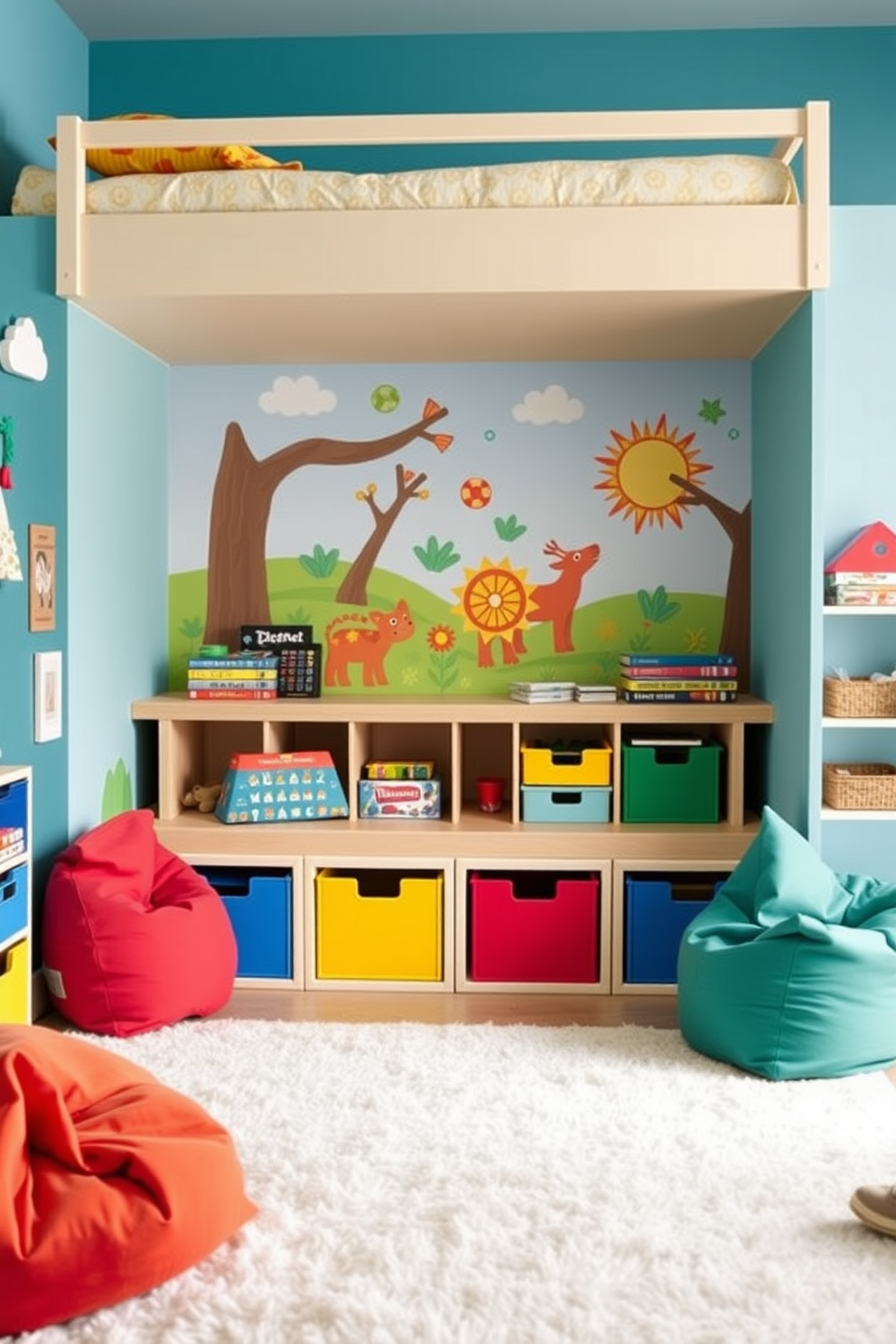 A playful and functional kids game room featuring under-bed storage designed specifically for toys and games. The room is bright and colorful with walls painted in cheerful shades, and a cozy rug covers the floor to create a comfortable play area.